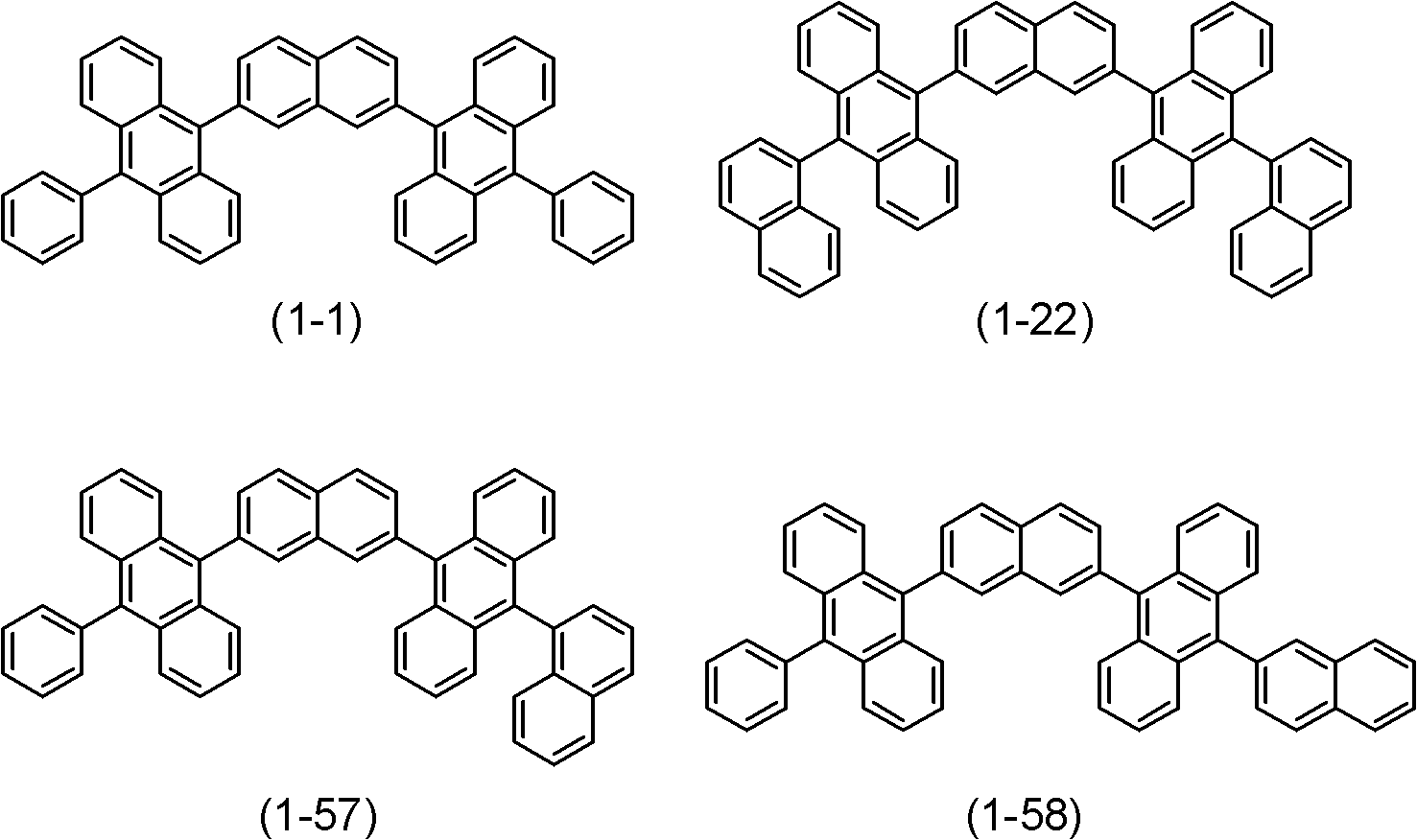 2,7-bis-anthracene naphthalene compound, light emitting layer material, organic electroluminescent element, display device and lighting device