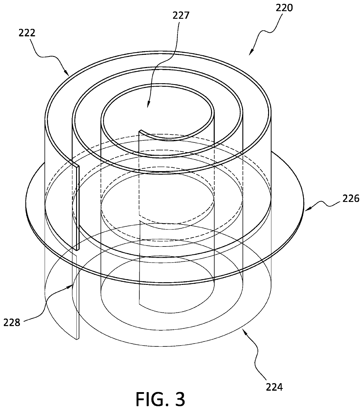 Noise reducing silencer with spiral chambers for a compressor