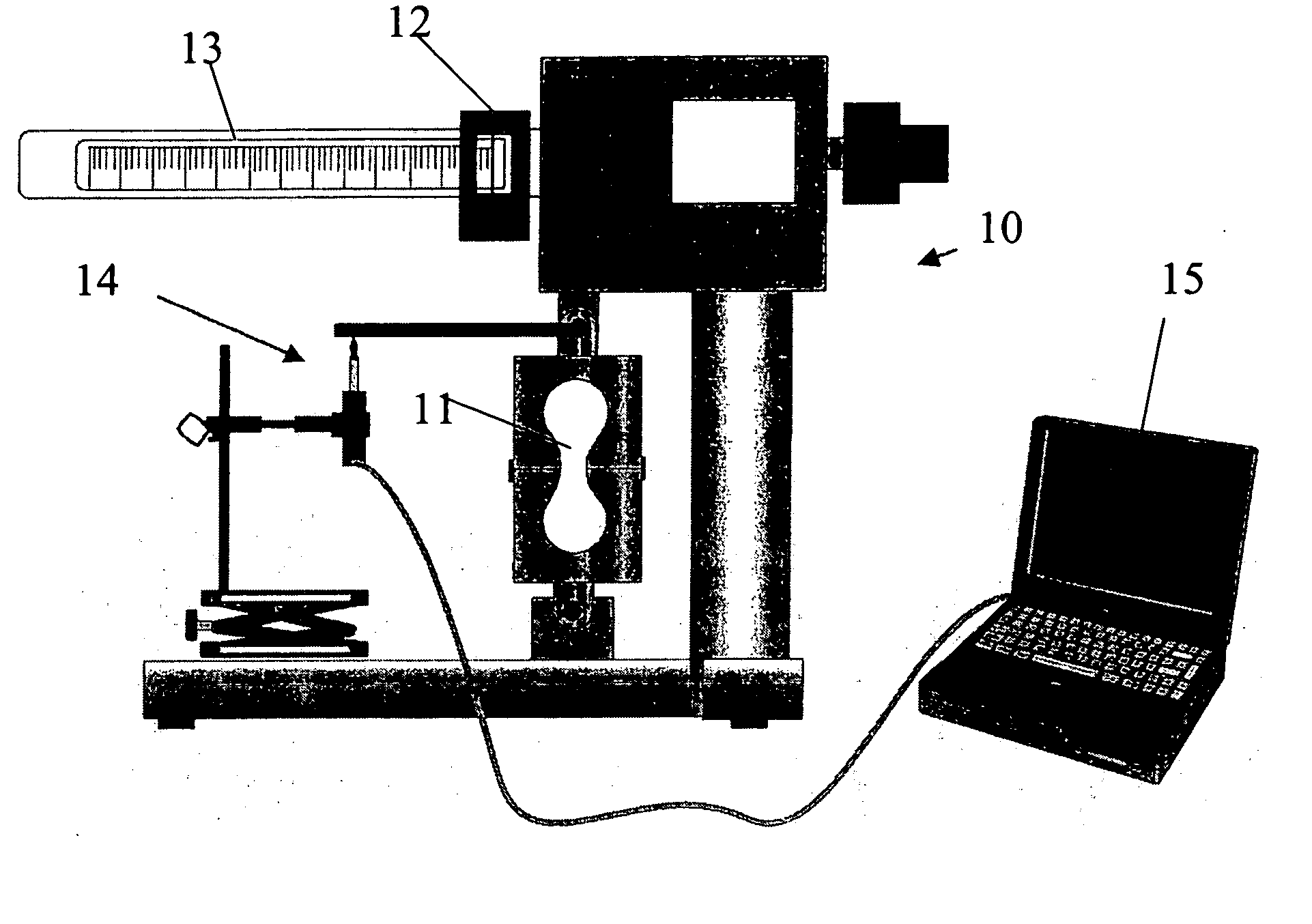 Testing apparatus and method of deriving Young's modulus from tensile stress/strain relationships