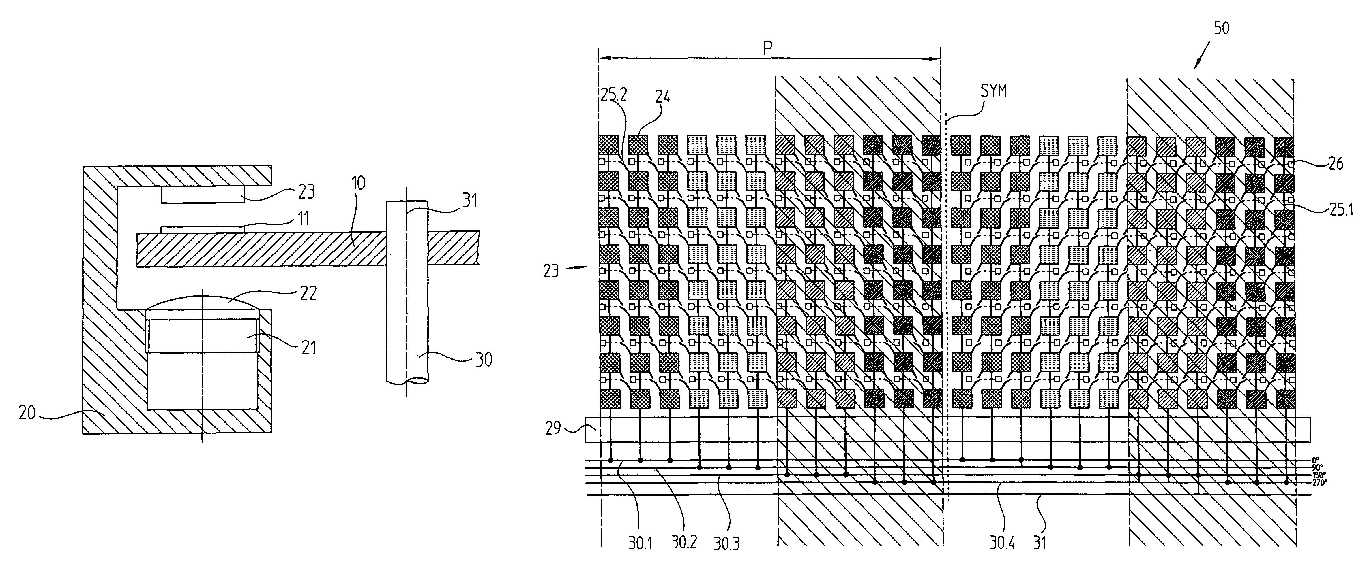 Detector element matrix for an optical position measuring instrument