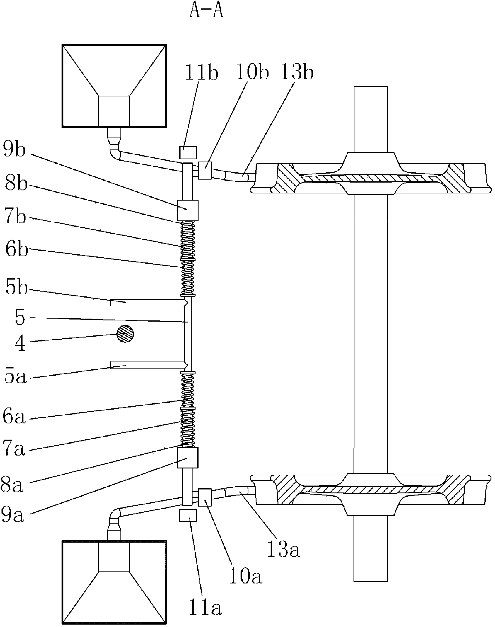 Through-curve anti-deflection mechanism for sanding device at end part of locomotive car body