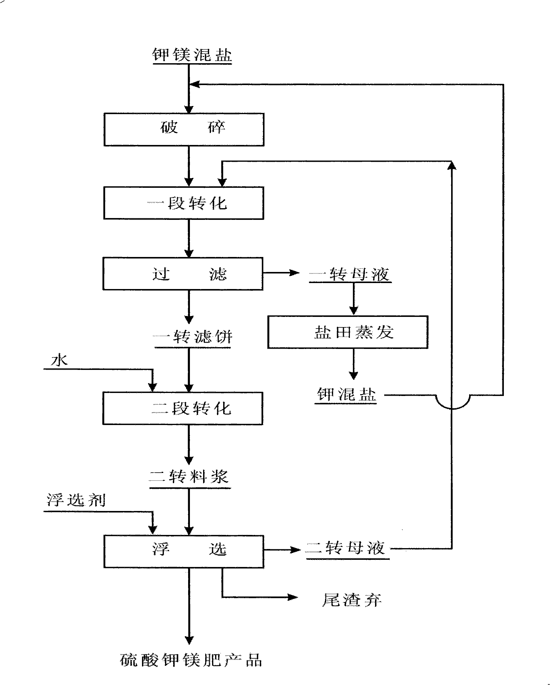 Process for preparing potassium magnesium sulfate fertilizer with two-stage conversion and floatation method