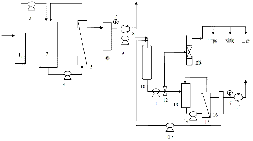 Process for producing acetone and butanol by biomass fermentation and pervaporation membrane coupling