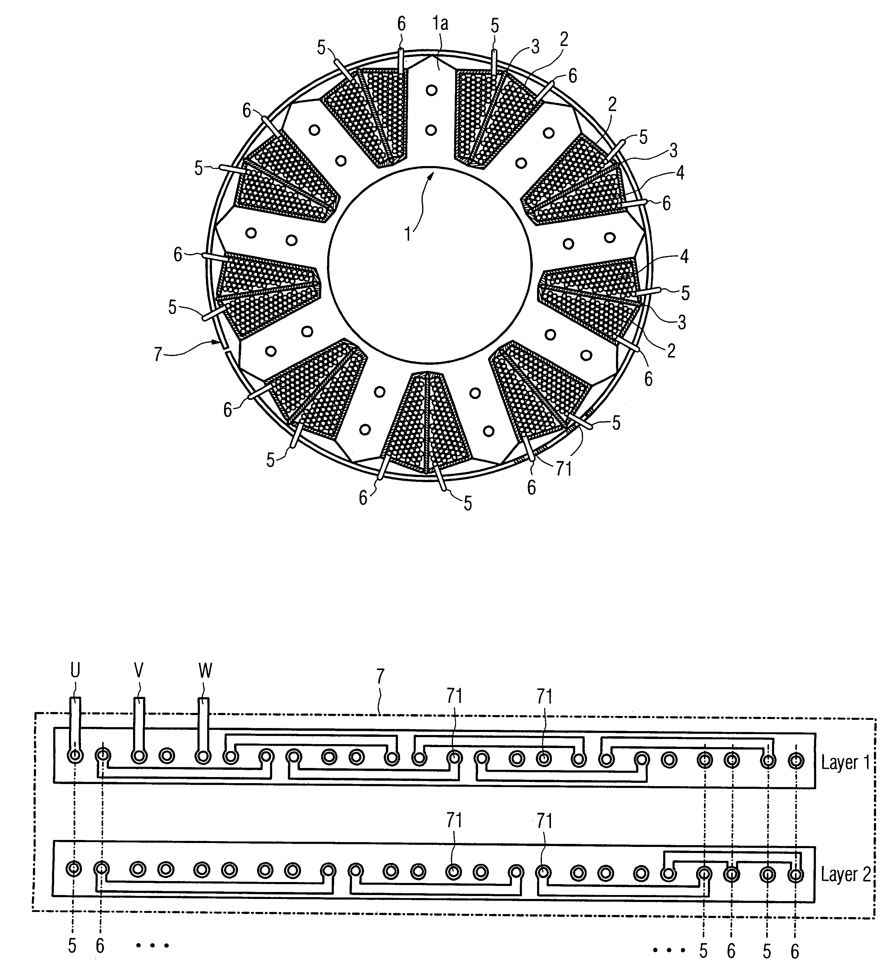 Electric machine with a circuit board for wiring lines of a winding system