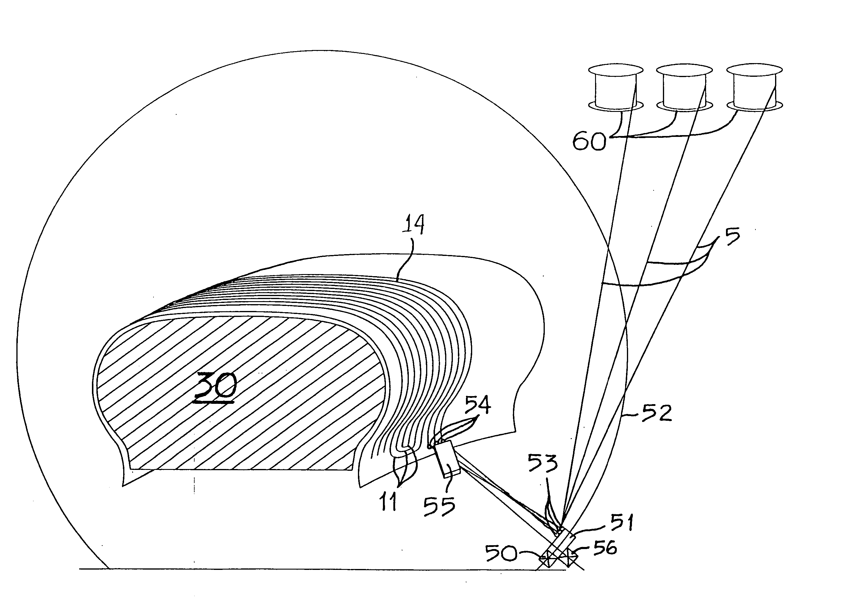 Method of laying cords of a reinforcement structure for tires