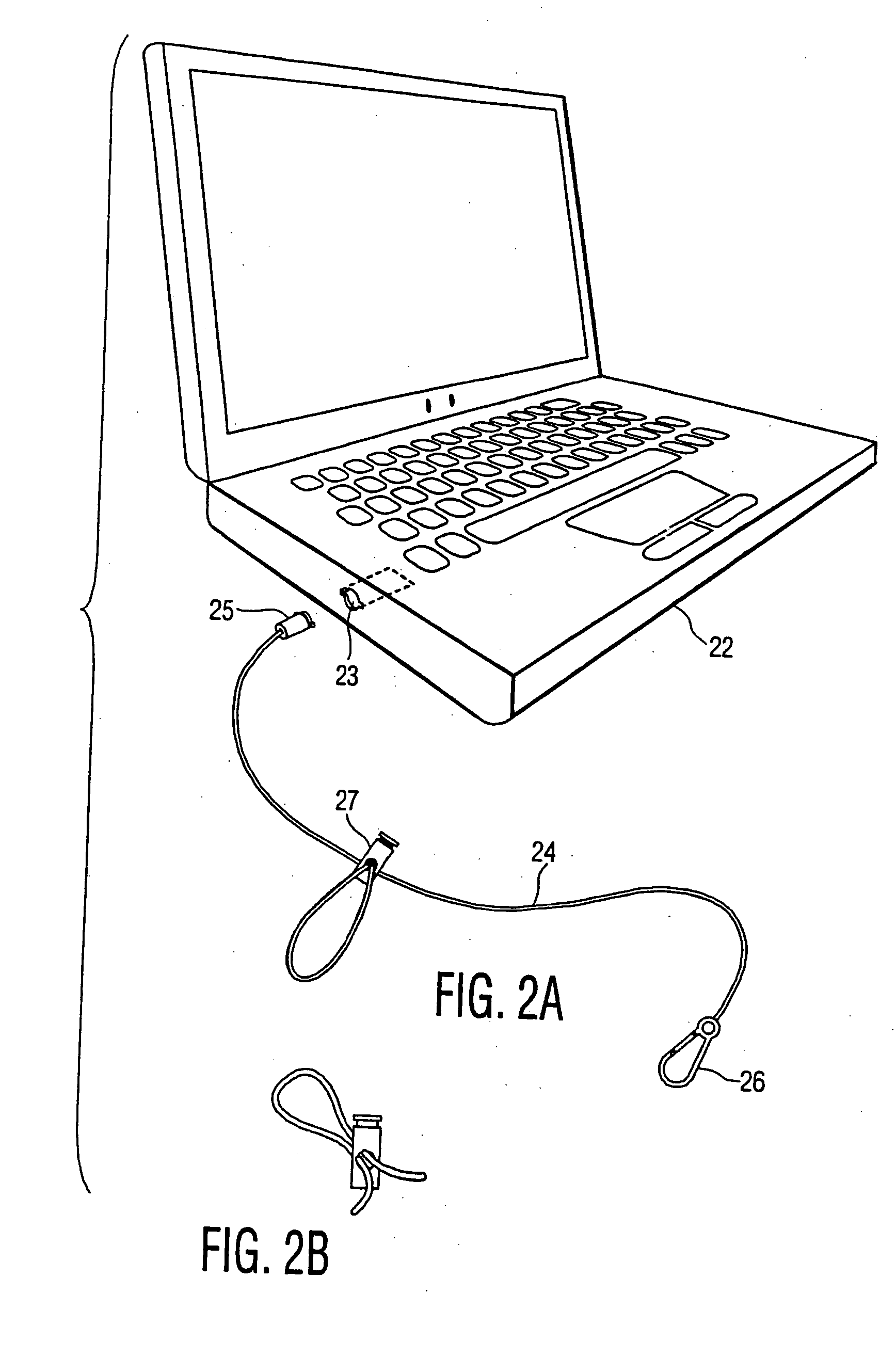 Tether arrangement for portable electronic device, such as a laptop computer