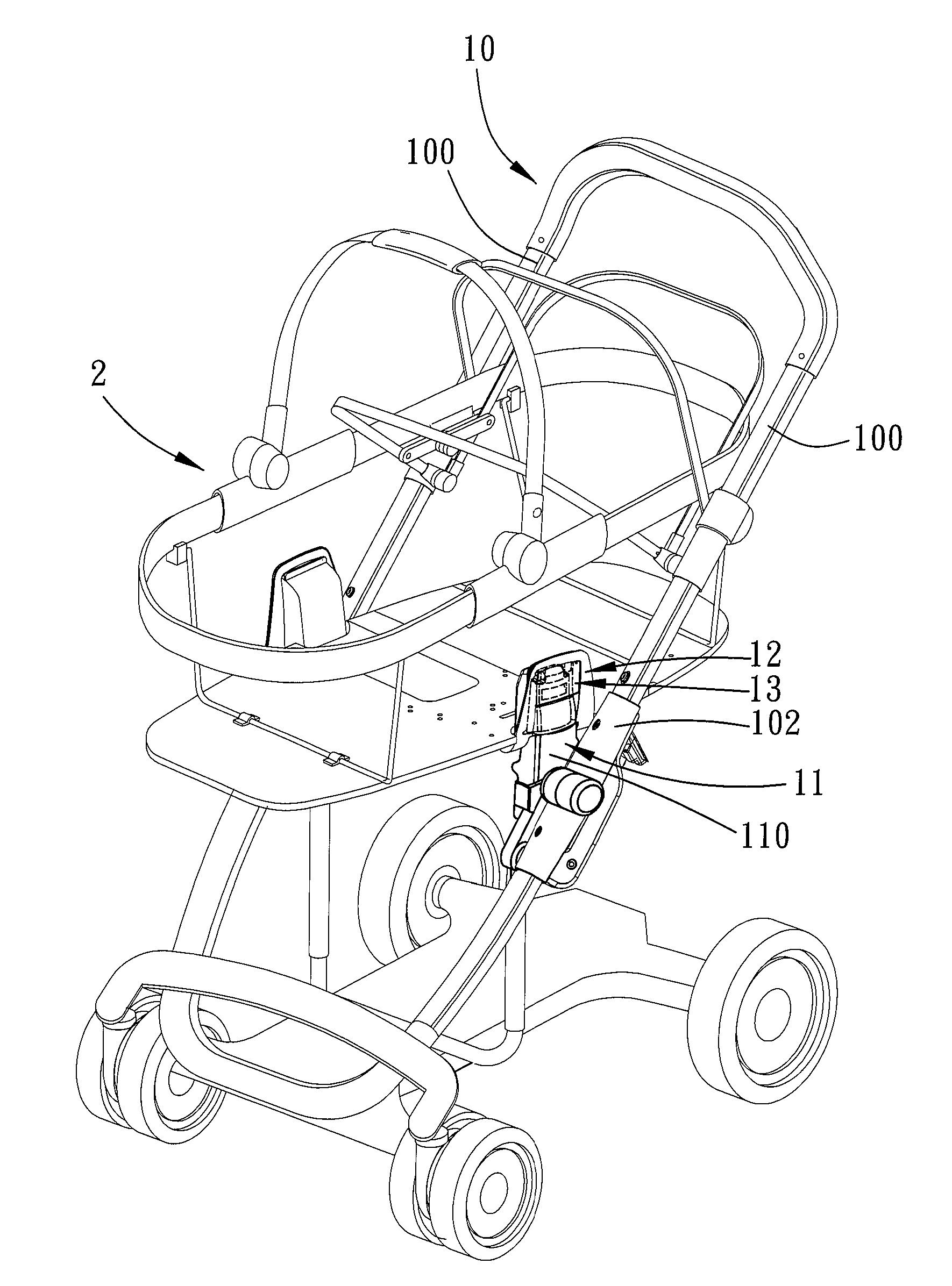 Latch device for coupling a carrier to a stroller frame