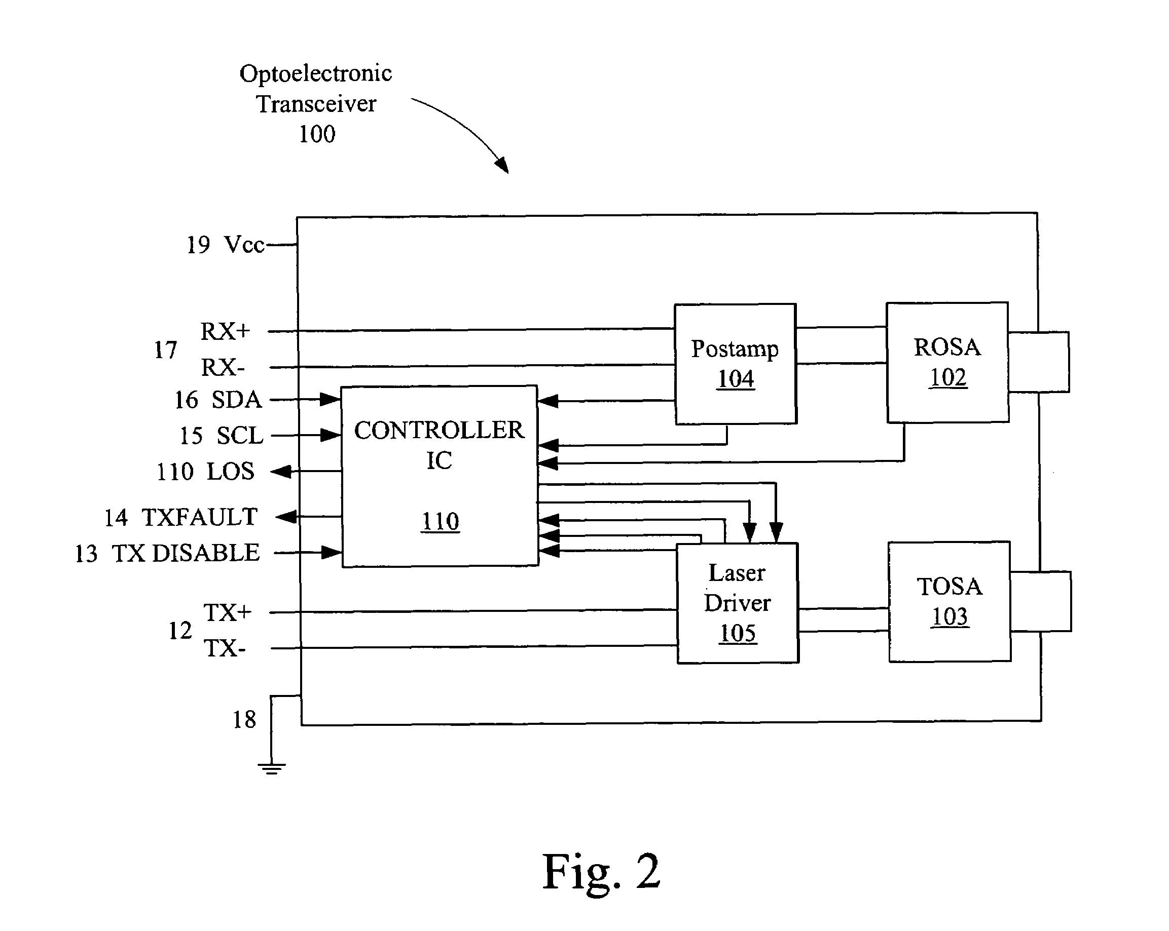 Optical transceiver and host adapter with memory mapped monitoring circuitry