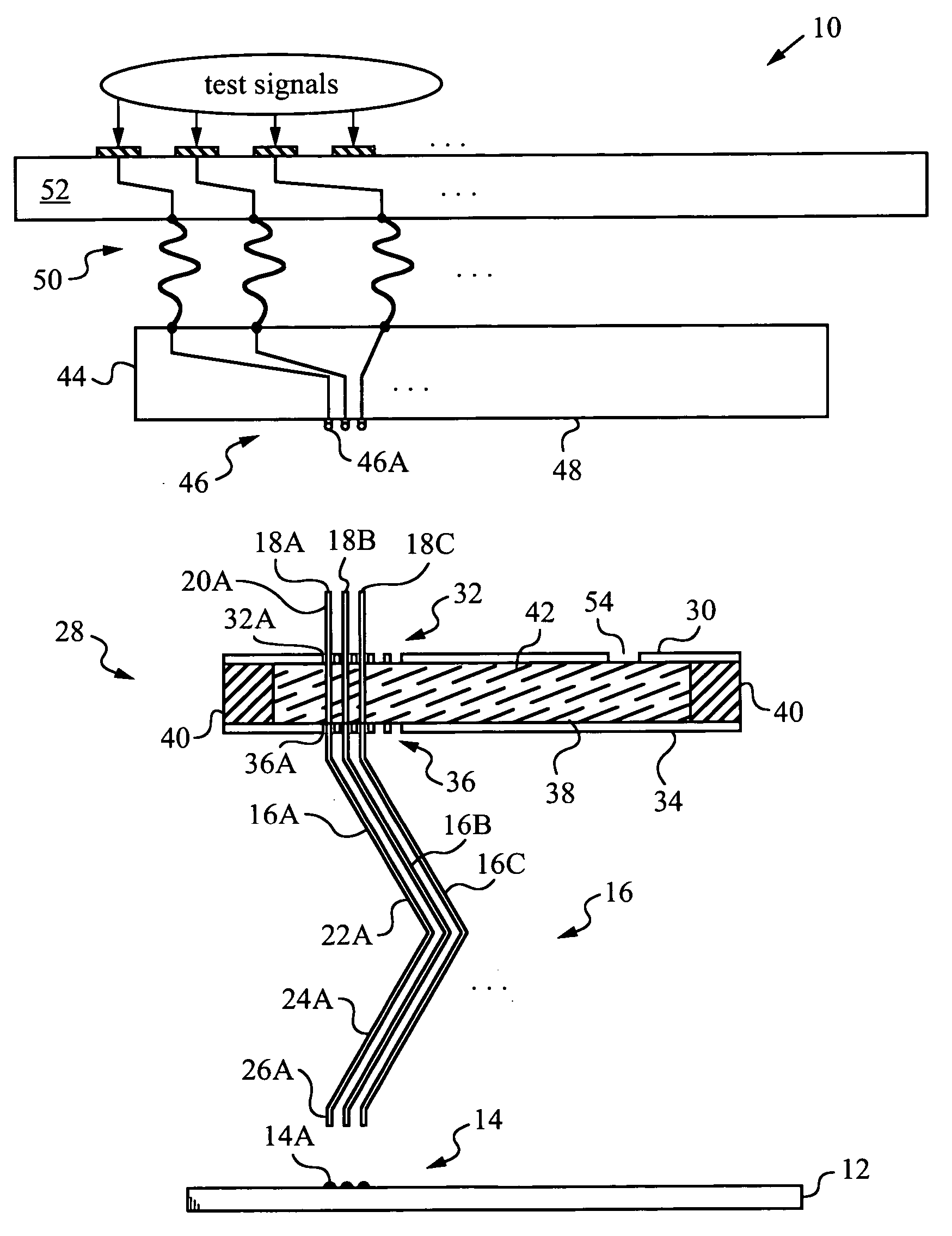 Probe cards employing probes having retaining portions for potting in a retention arrangement