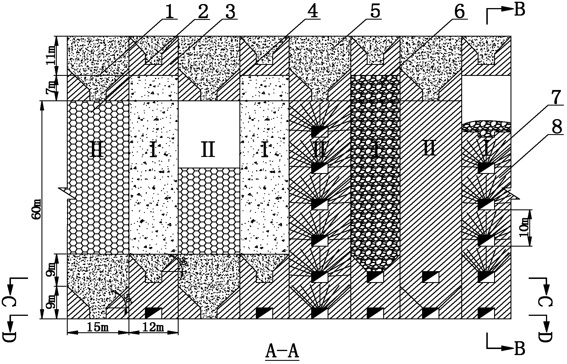 Room and pillar type medium-length hole filling mining method using bottom ore withdrawal structures simultaneously arranged in original rock