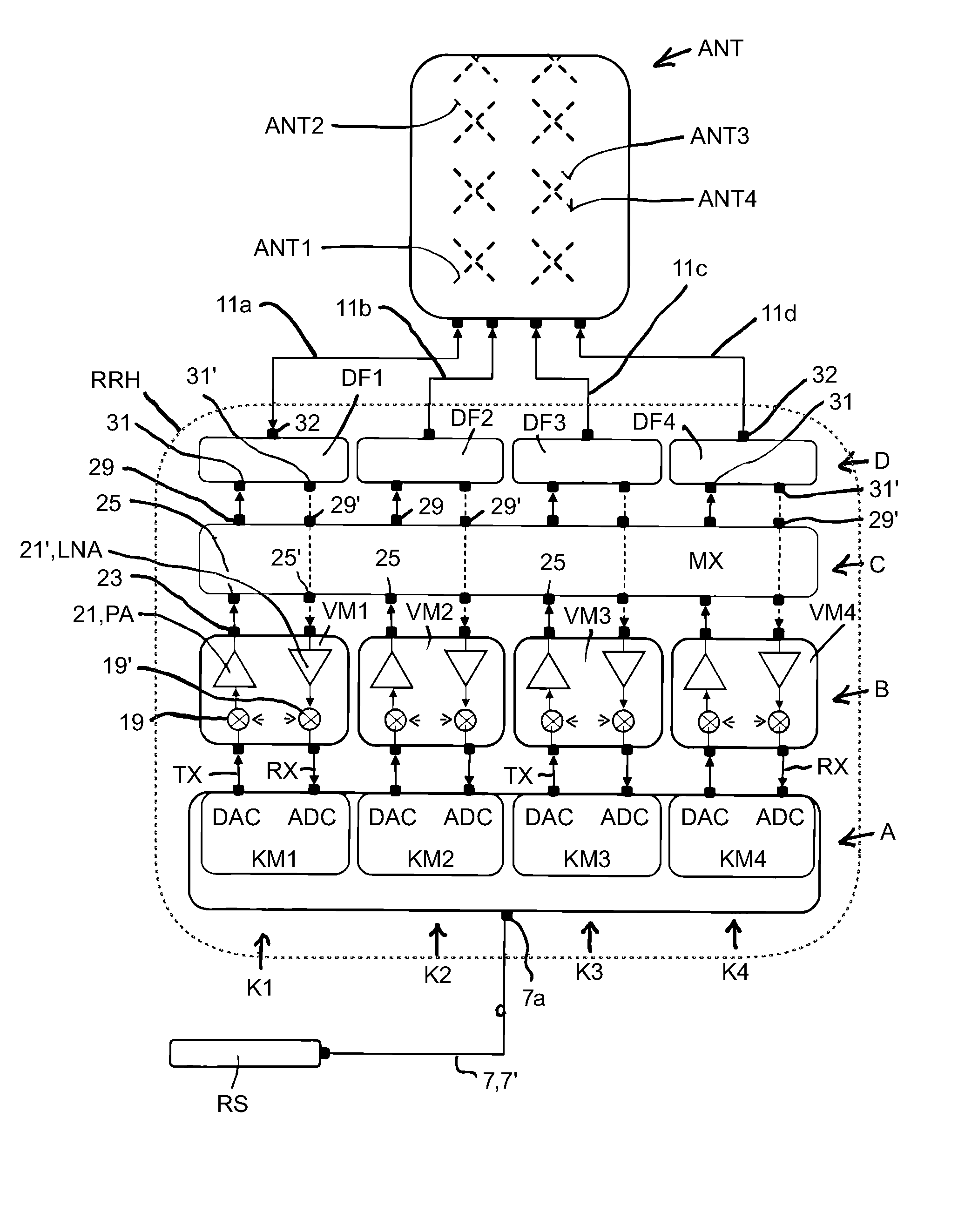 Device for receiving and transmitting mobile telephony signals with multiple transmit-receive branches