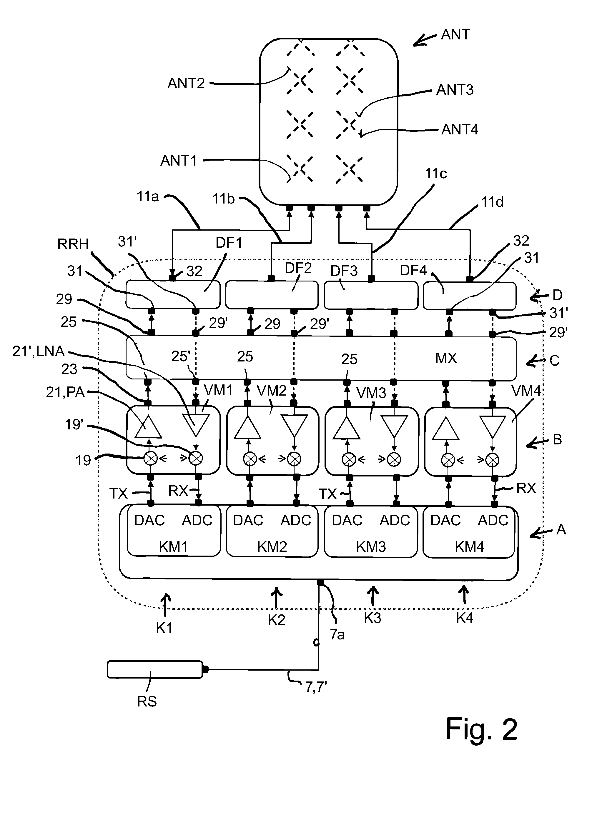 Device for receiving and transmitting mobile telephony signals with multiple transmit-receive branches
