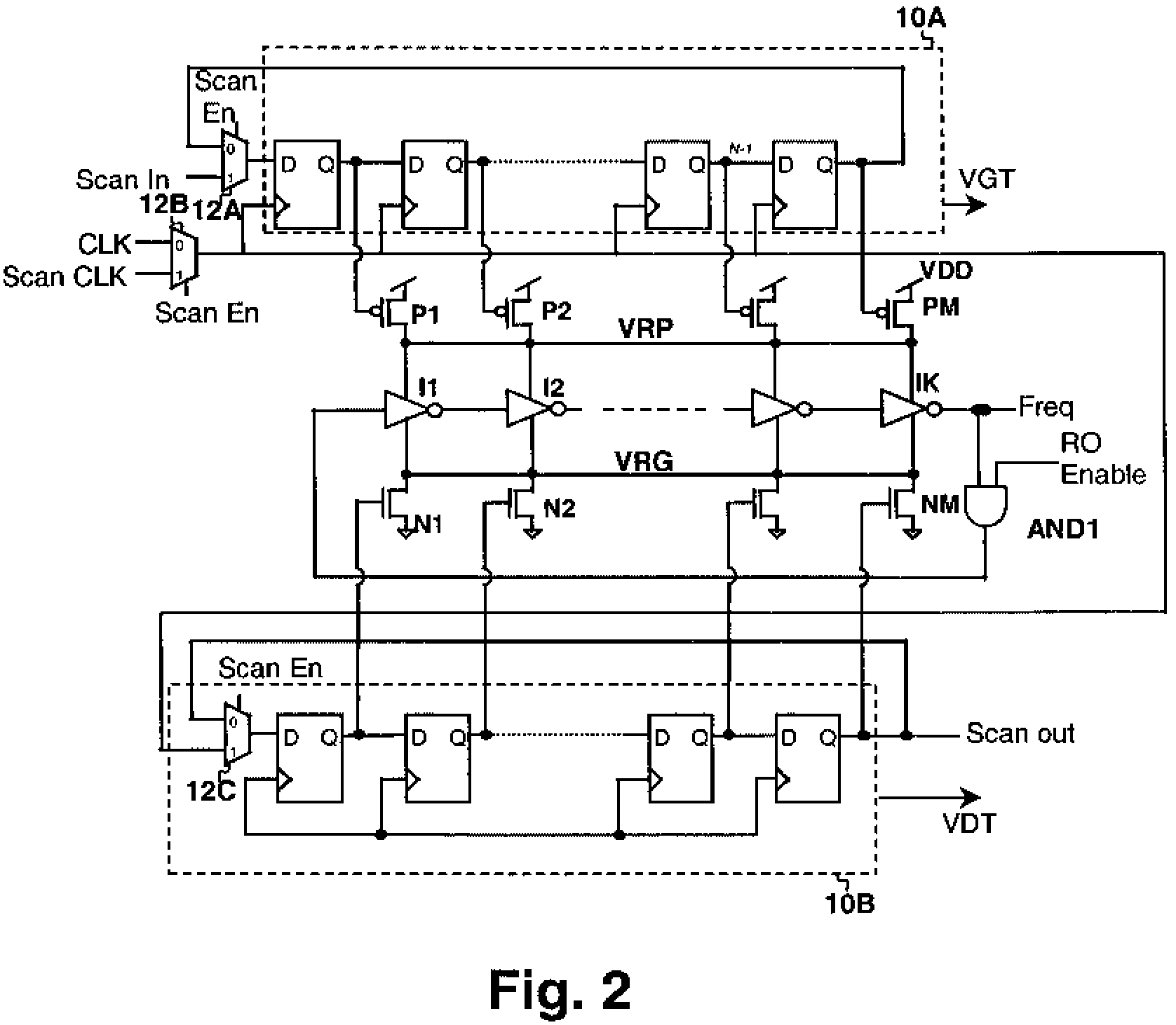 Scannable virtual rail method and ring oscillator circuit for measuring variations in device characteristics