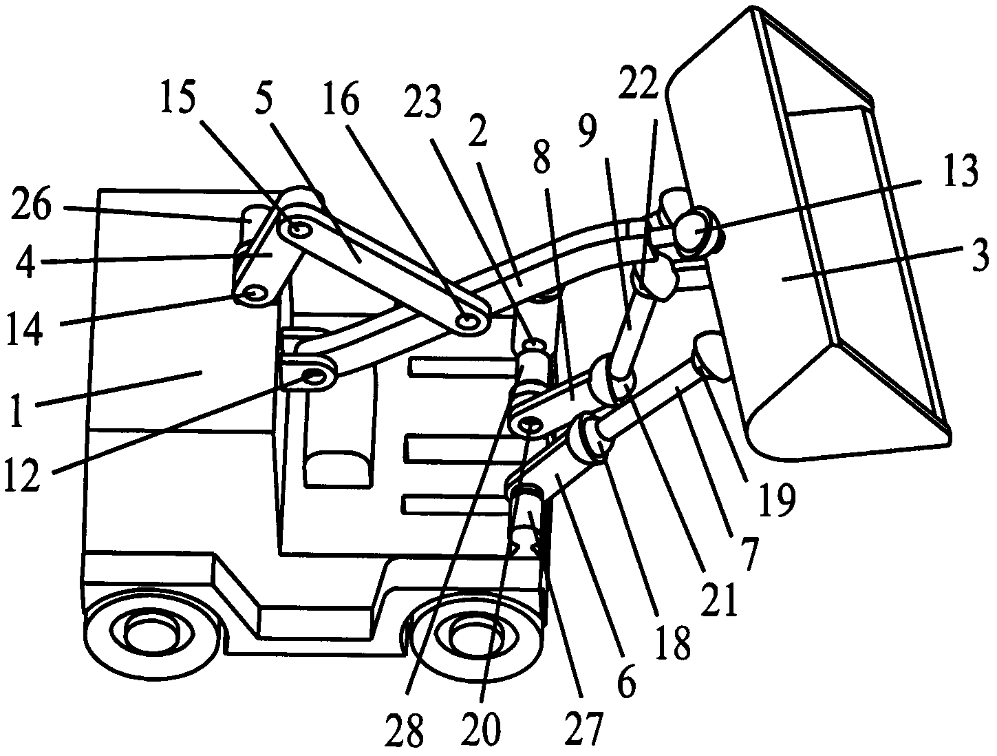 Space controllable mechanism-type loader with one-dimensional rotational moving arm and three-dimensional rotational bucket