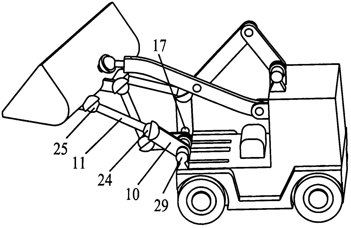 Space controllable mechanism-type loader with one-dimensional rotational moving arm and three-dimensional rotational bucket