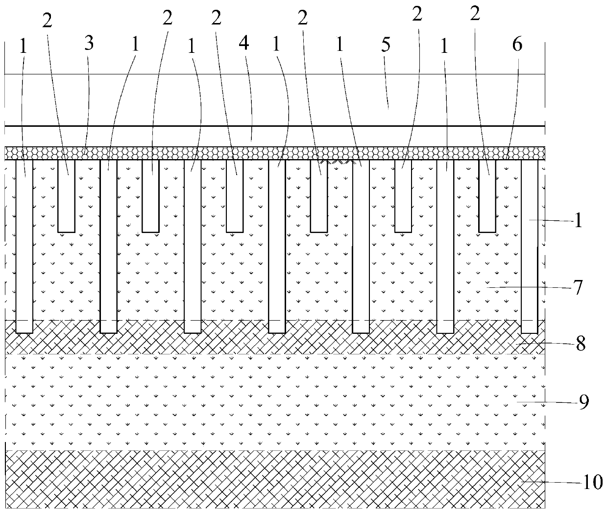 Foundation treatment structure suitable for deep soft foundation with sandwiched thin bearing stratum and construction method