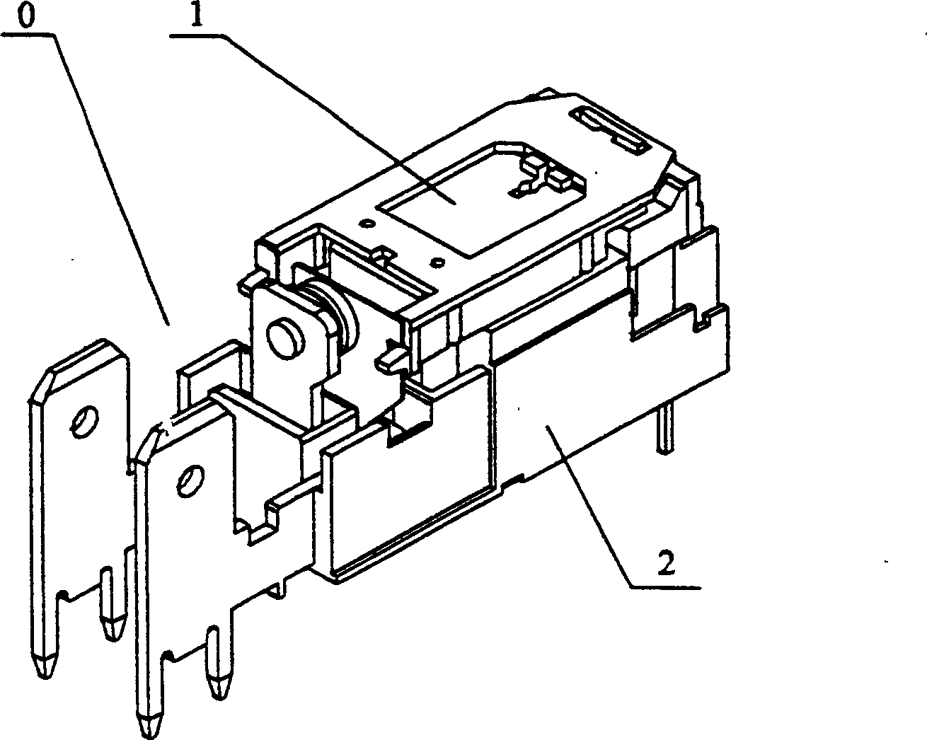 Rapidly connecting electromagnetic relay with protruding arm movable spring extended sheet for limitation