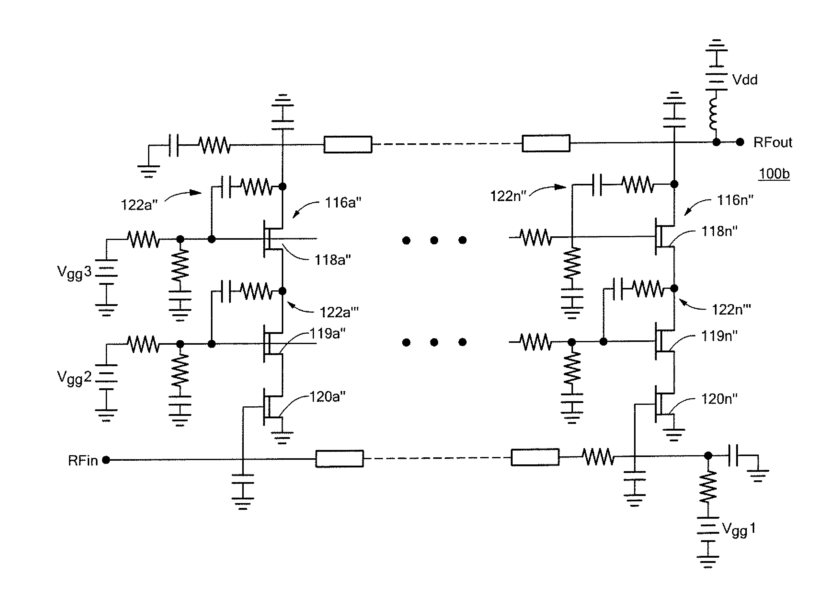 Distributed amplifier with improved stabilization