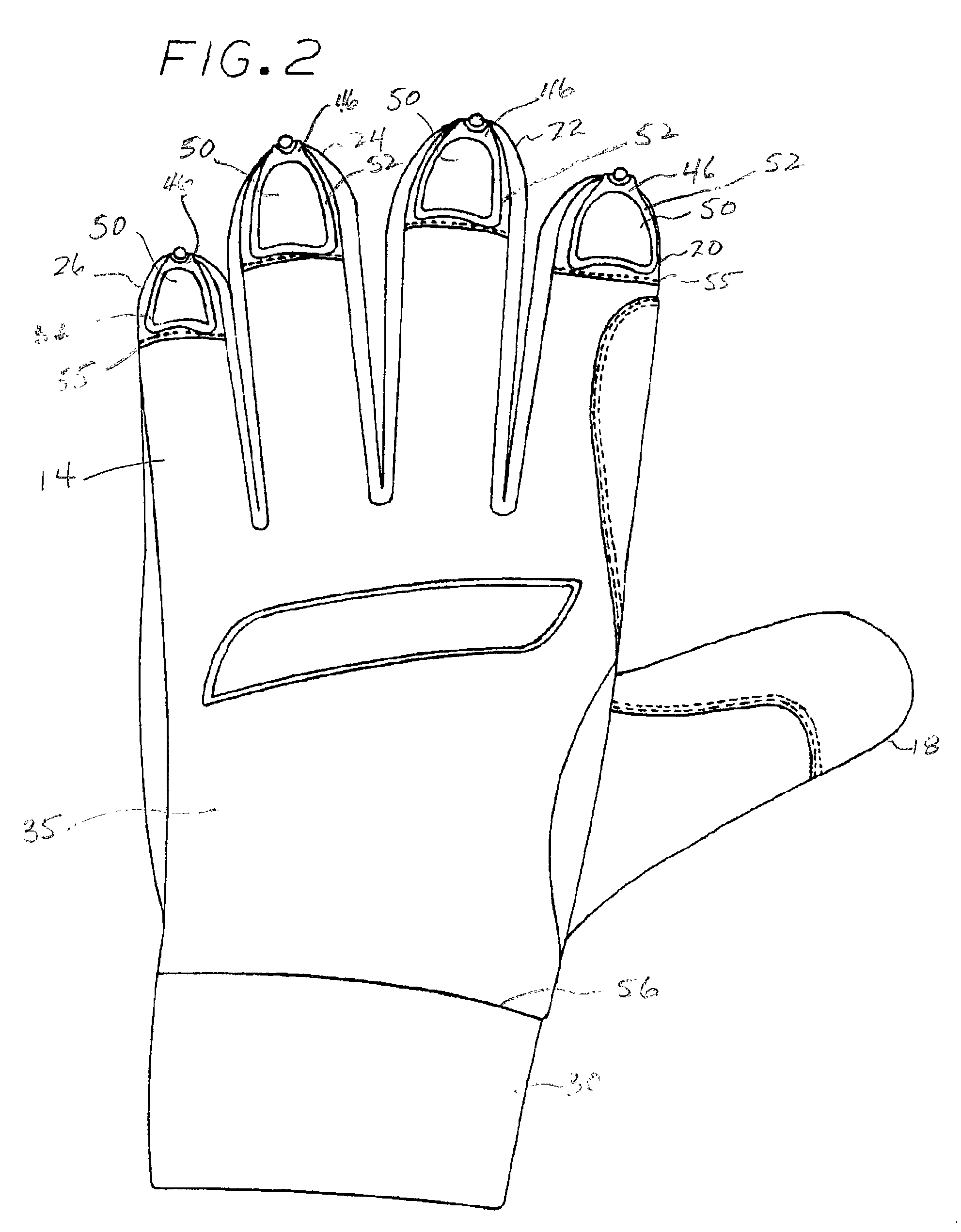 Glove having molded rubber palm pattern with a portion that rolls over fingertips