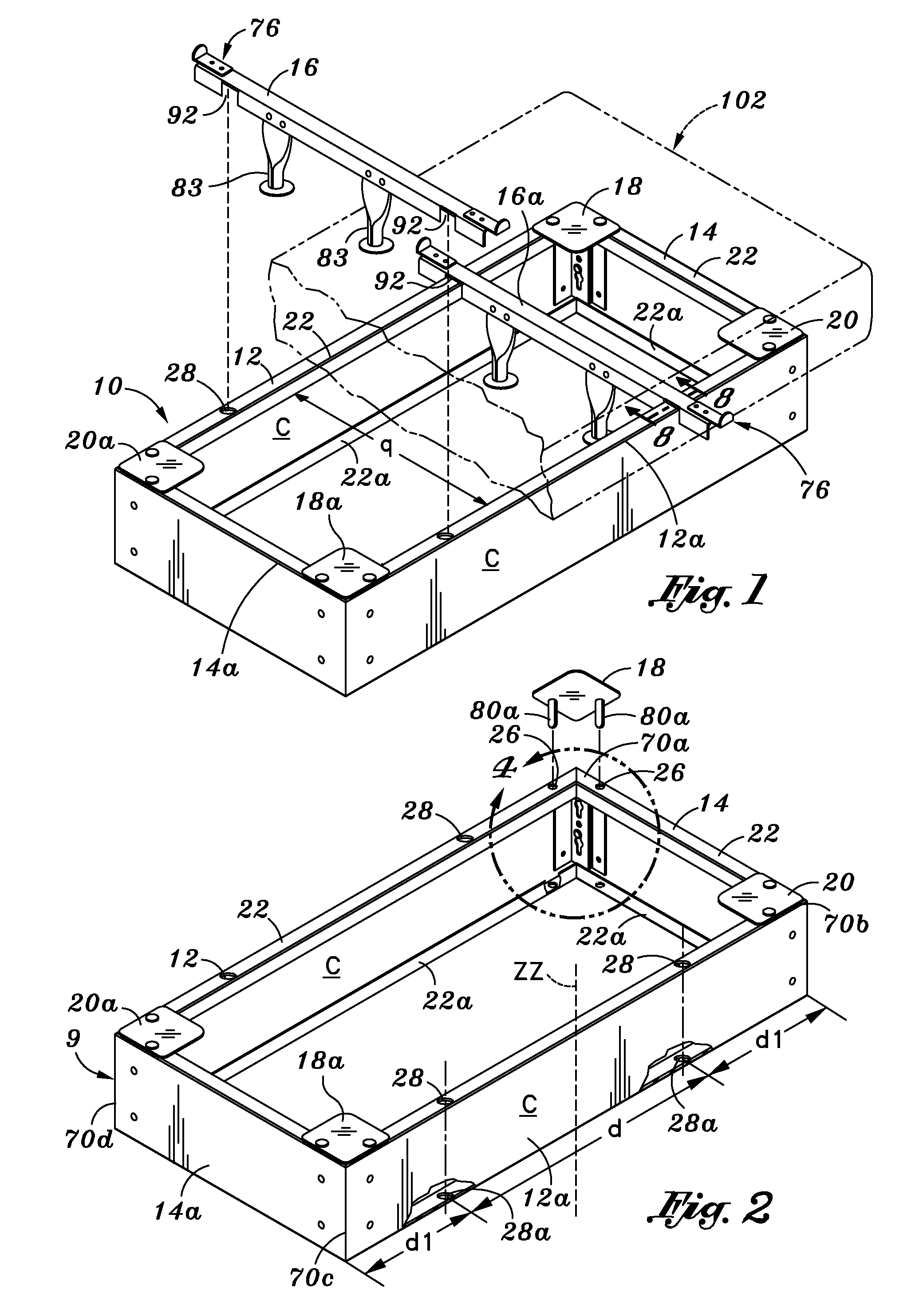 Easy to assemble bed base, two-component connector and kit