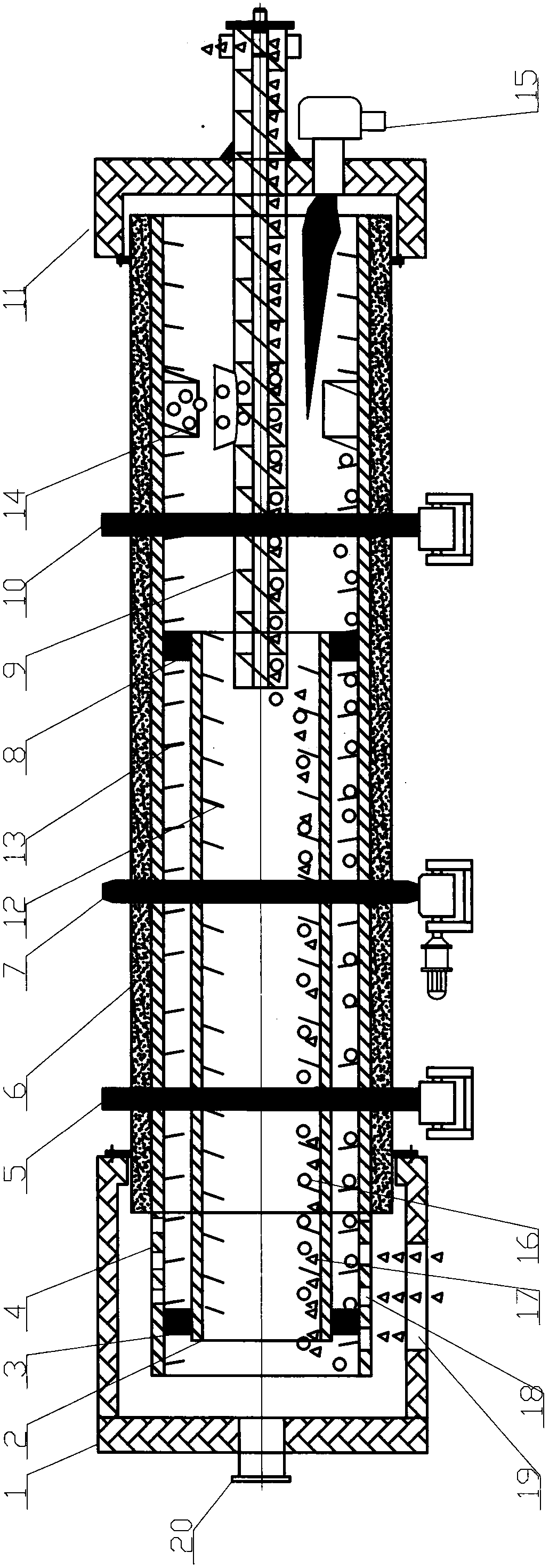 A device utilizing rotary inner and outer kettles and energy balls and used for rapid sludge heating and manure material drying