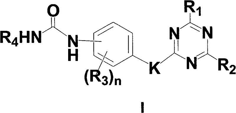 Substituted triazine phenyl urea derivatives and application thereof