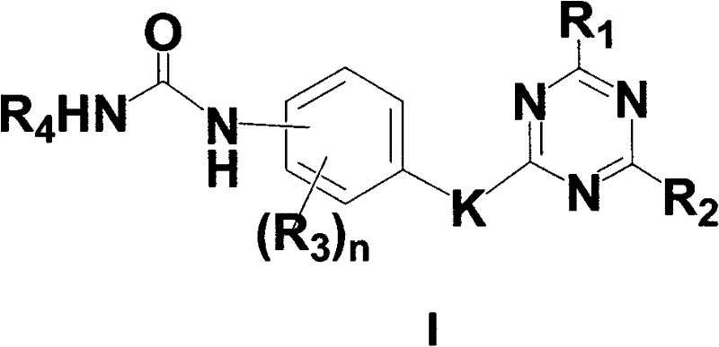 Substituted triazine phenyl urea derivatives and application thereof