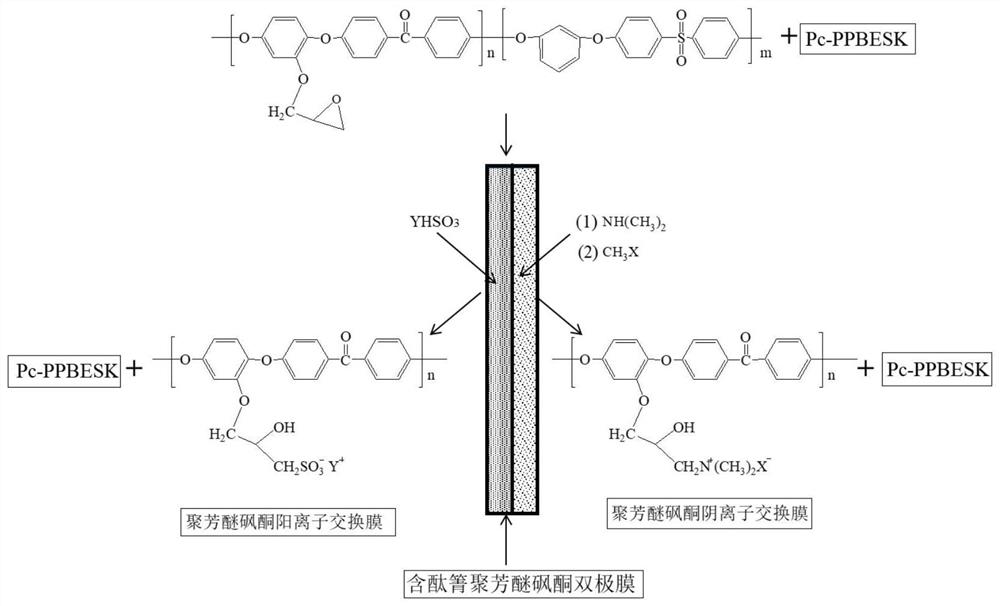 A preparation method of monolithic polyaryl ether sulfone ketone bipolar membrane containing phthalocyanine water dissociation catalytic group
