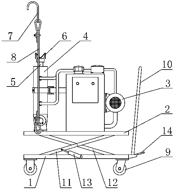 Device for lifting front overhang of cab and compressing front overhang springs