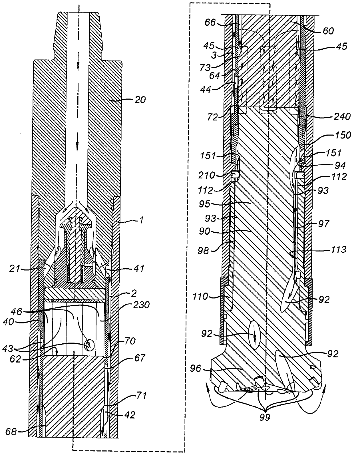 Pressurised fluid flow system for a dth hammer and reverse circulation hammer based on same