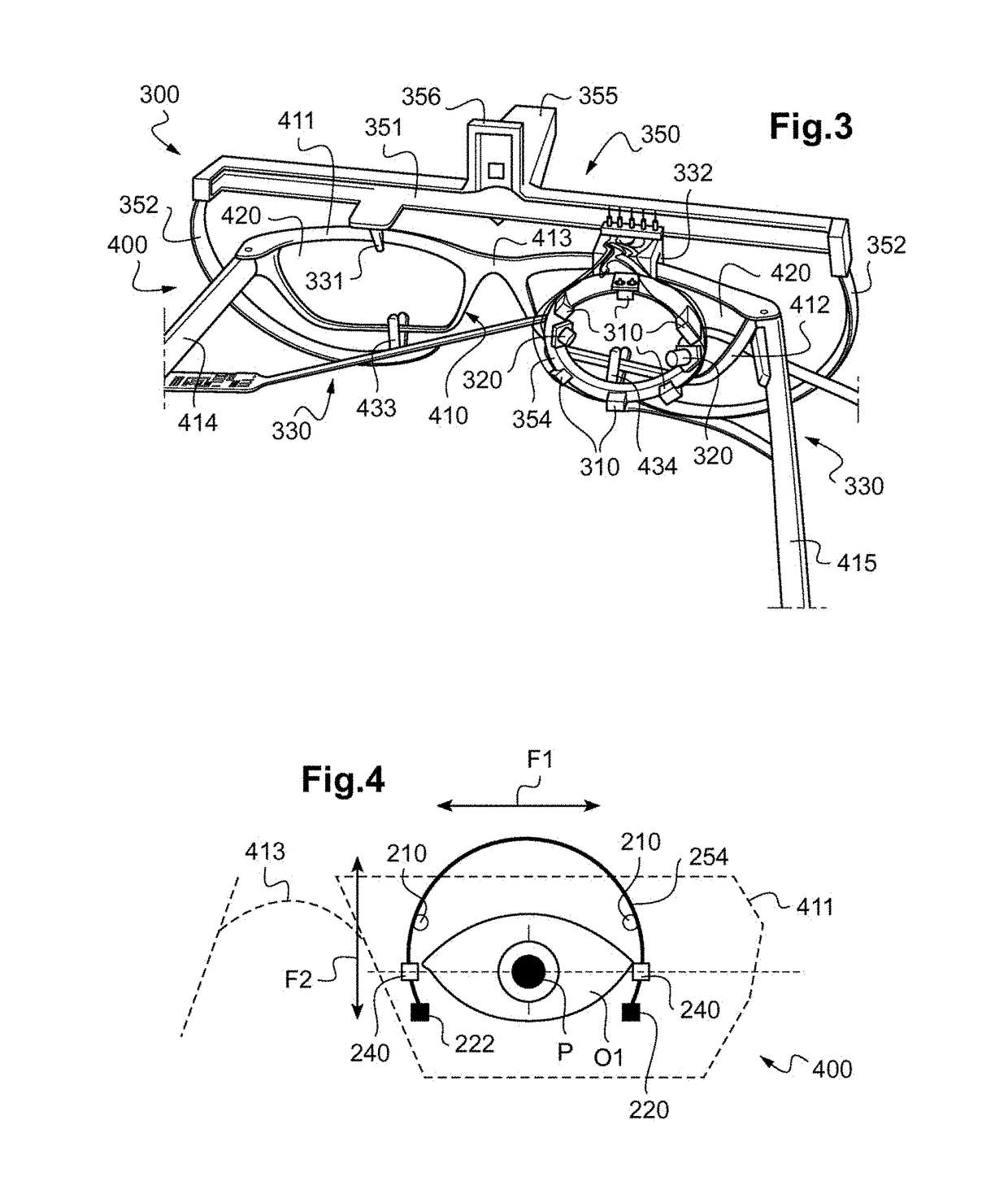 Devices and methods for determining the position of a characterizing point of an eye and for tracking the direction of the gaze of a wearer of spectacles