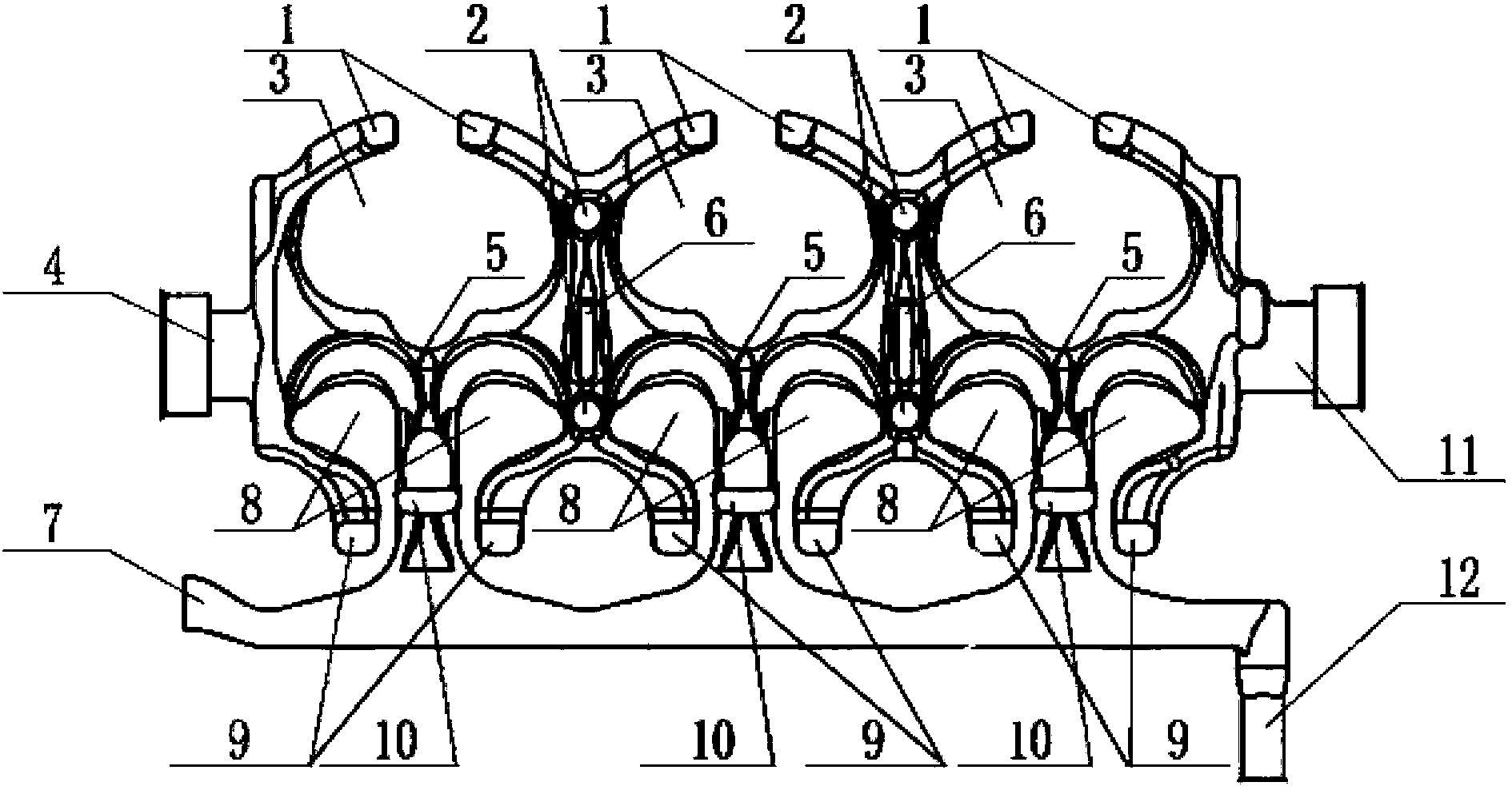 Cross type cooling water jacket of cylinder head of three-cylinder supercharged engine