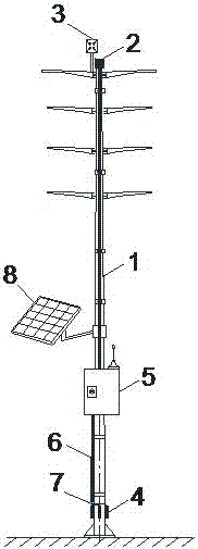 Monitoring system for power transmission pole dynamic response under wind load effect and application thereof