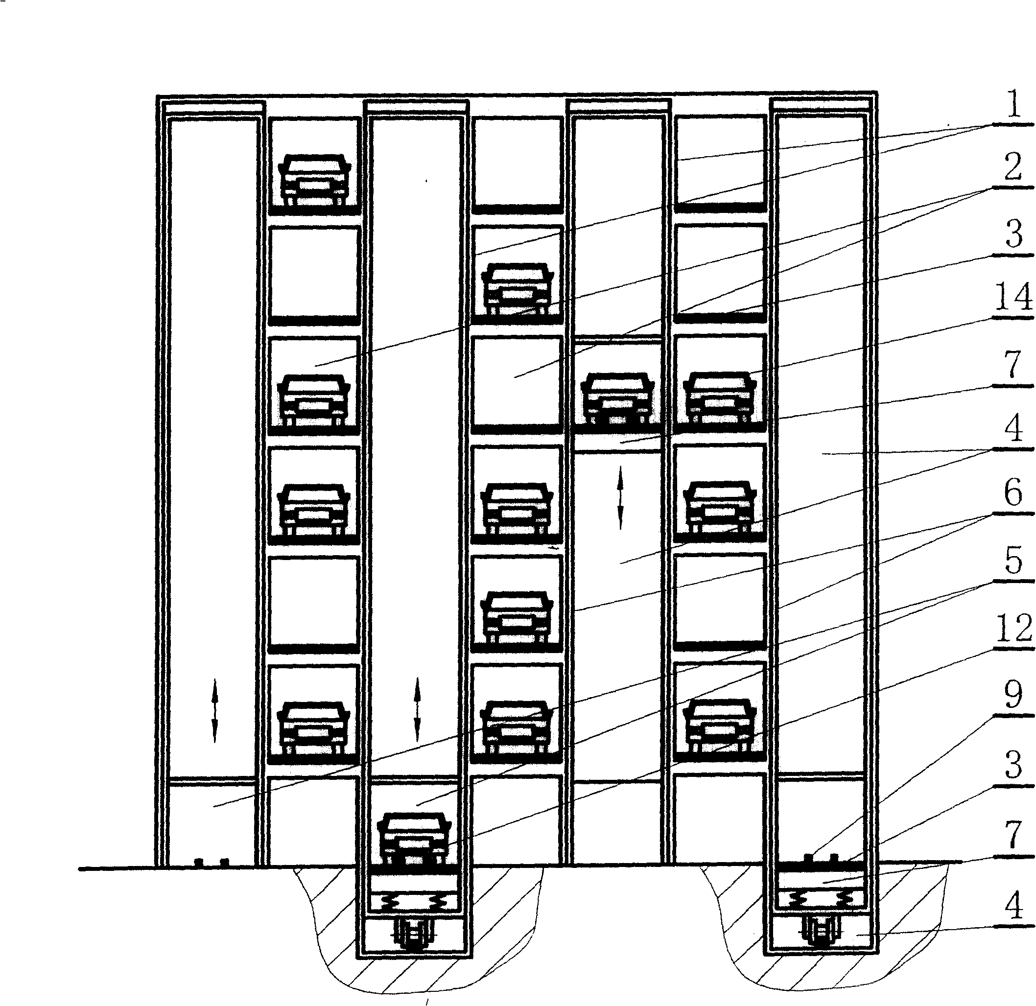 Multilane spacing parallel arranging stacker transport apparatus taking sending type rollaway parking equipment