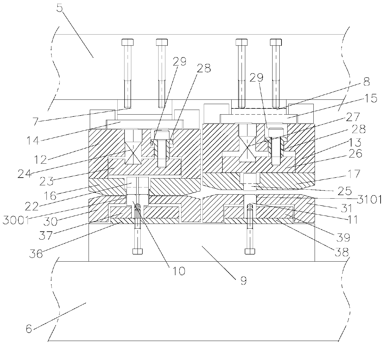 Twin-bridge fin structure and twin-bridge fin machining die