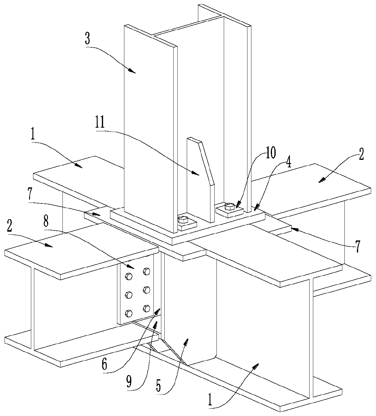 Connection joint structure of steel column supported by steel beams