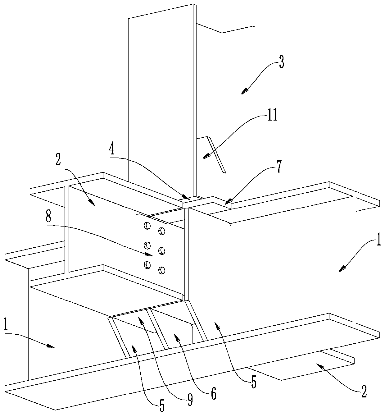 Connection joint structure of steel column supported by steel beams
