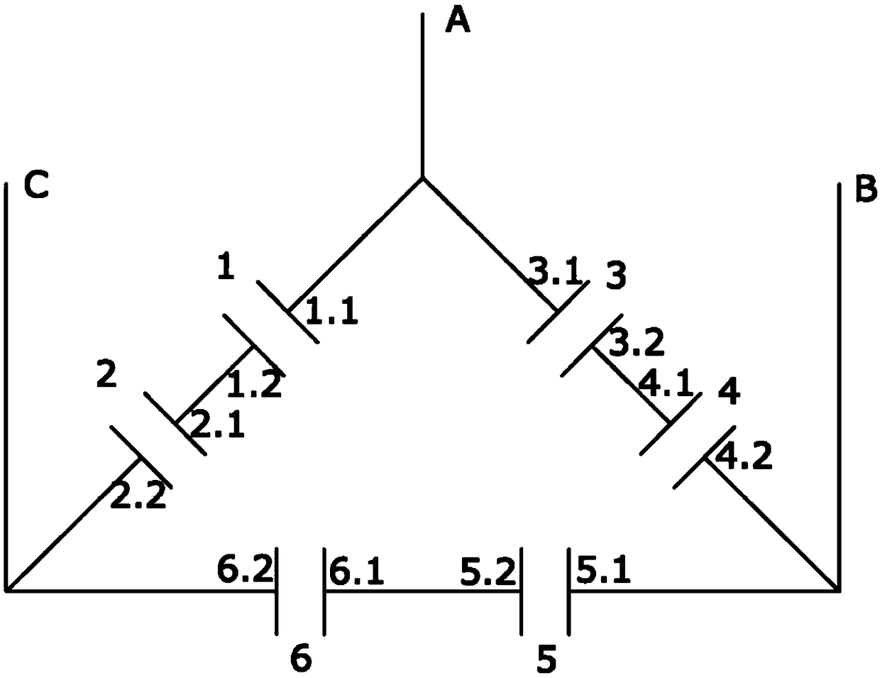 Three-phase capacitor formed by three cylinders connected to form a triangle