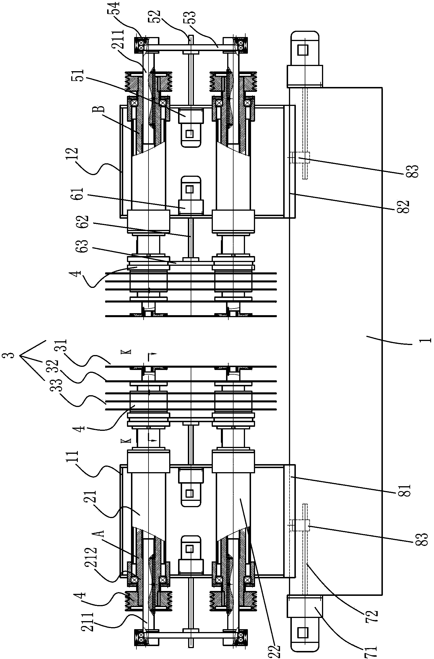 A fully automatic two-sided upper and lower shaft multi-piece woodworking sawing machine