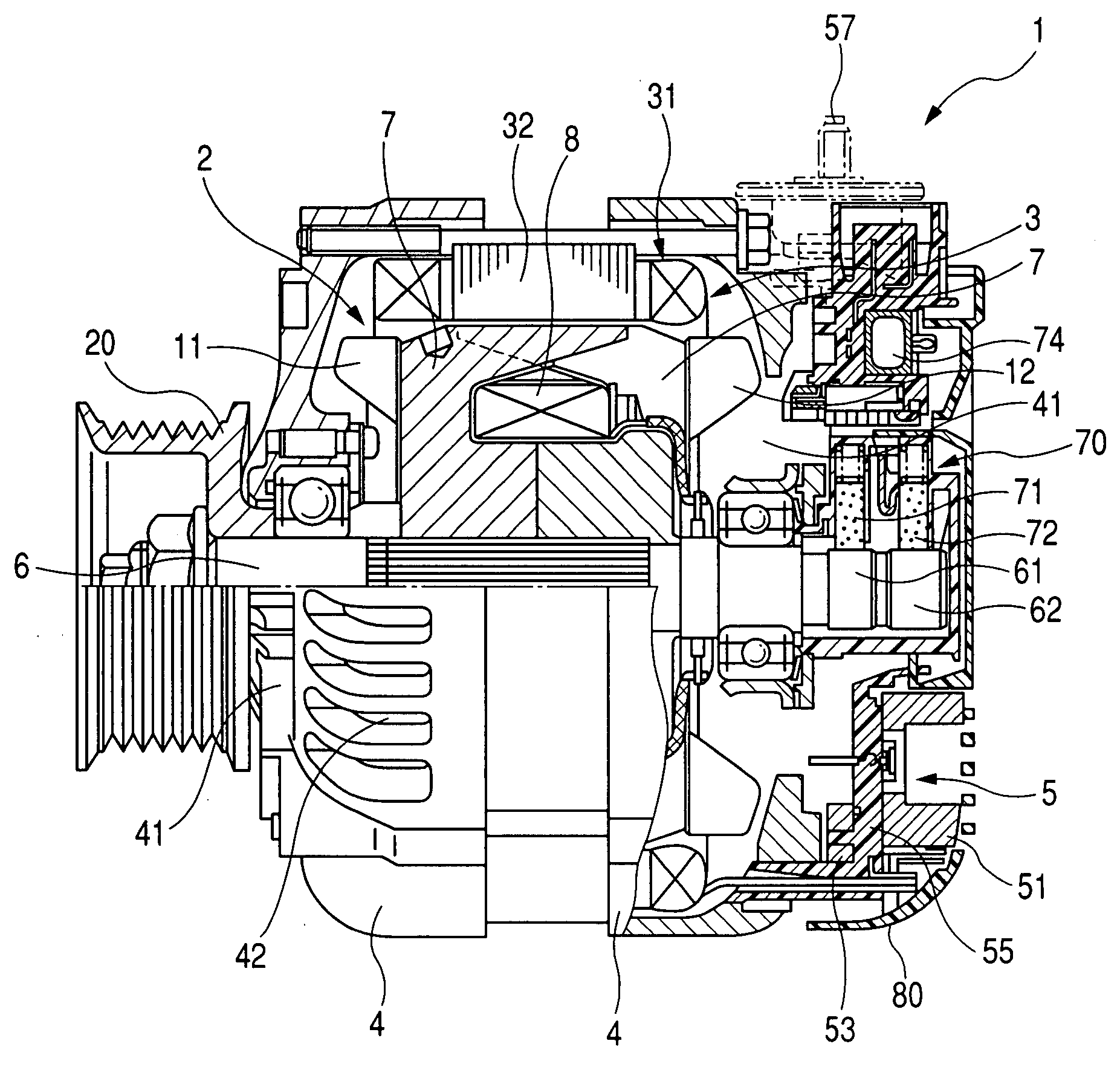 Output terminal structure of alternator for vehicle