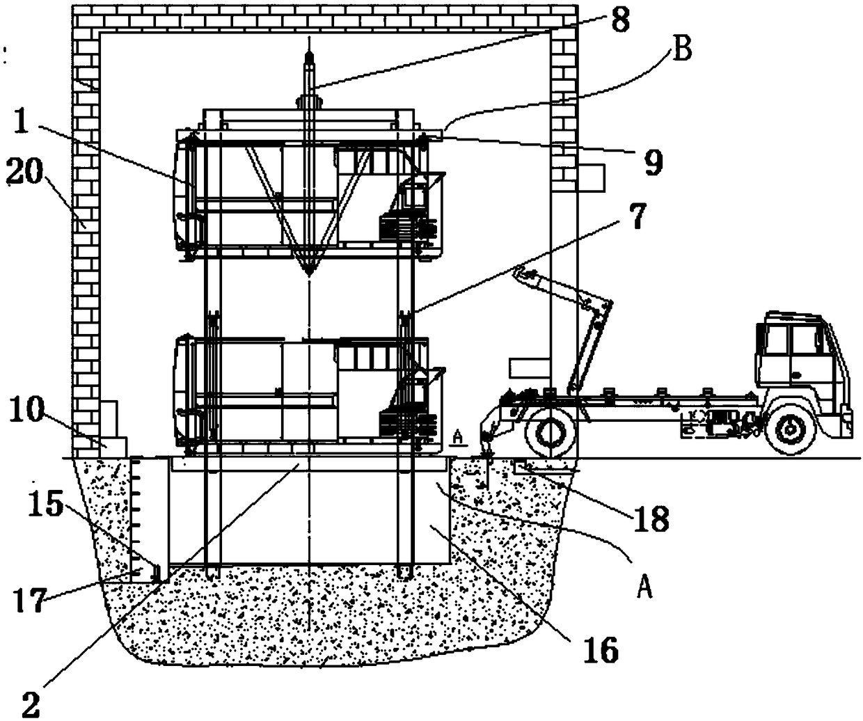 A horizontal pushing type two-machine three-dimensional garbage disposal station