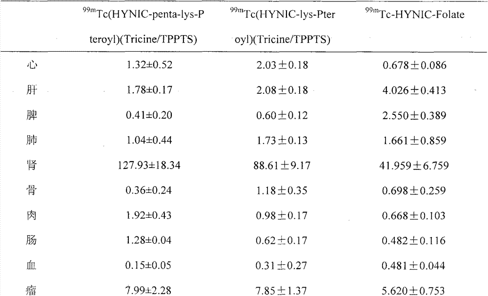 Preparation method and application for 99mTc-labelled hydrazino-nicotinamide-5-aminopentanoic acid-pteroyl lysine complex