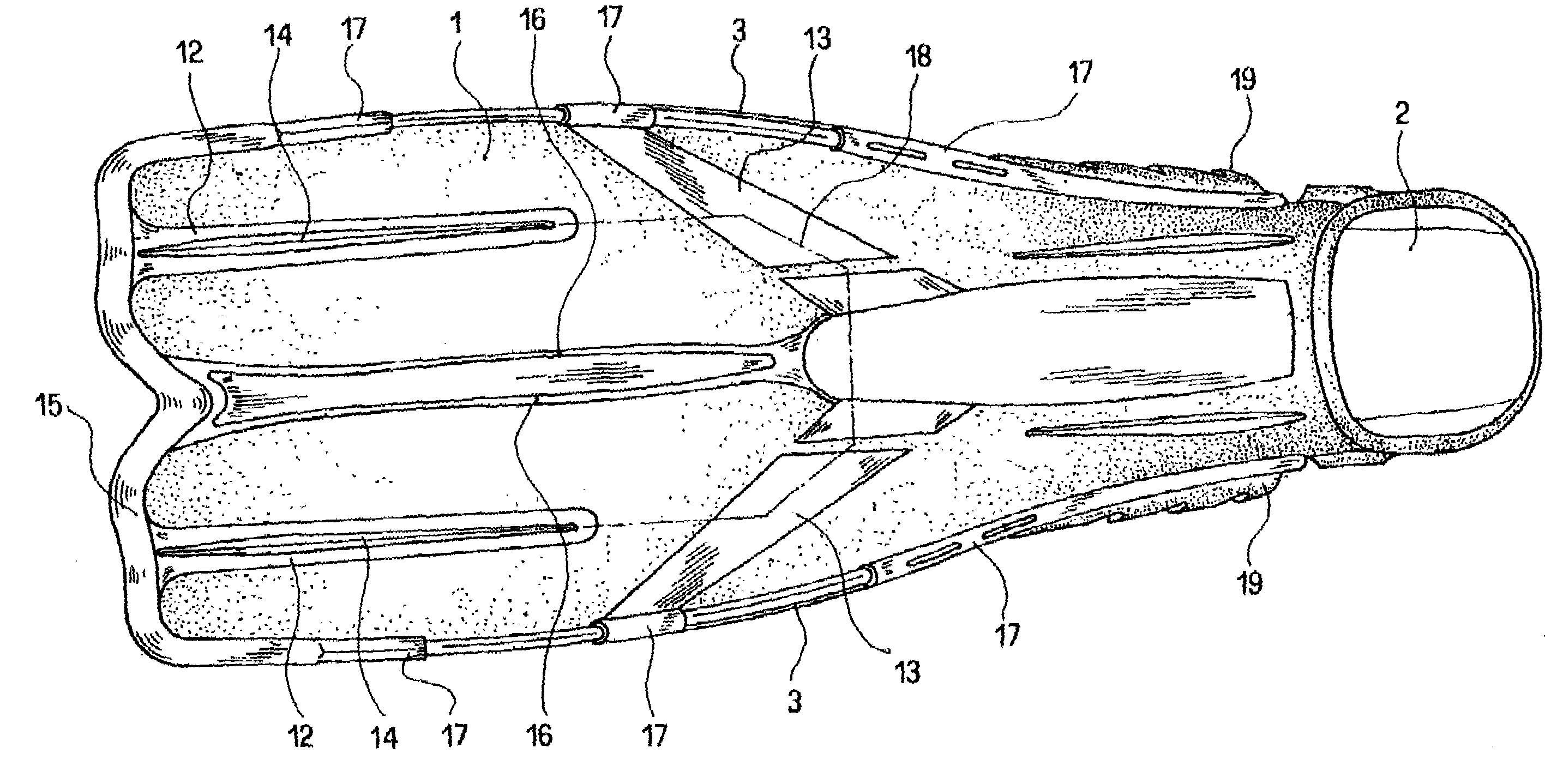 Differentiated rigidity swimming fin with hydrodynamically designed rearward shoe strap connection