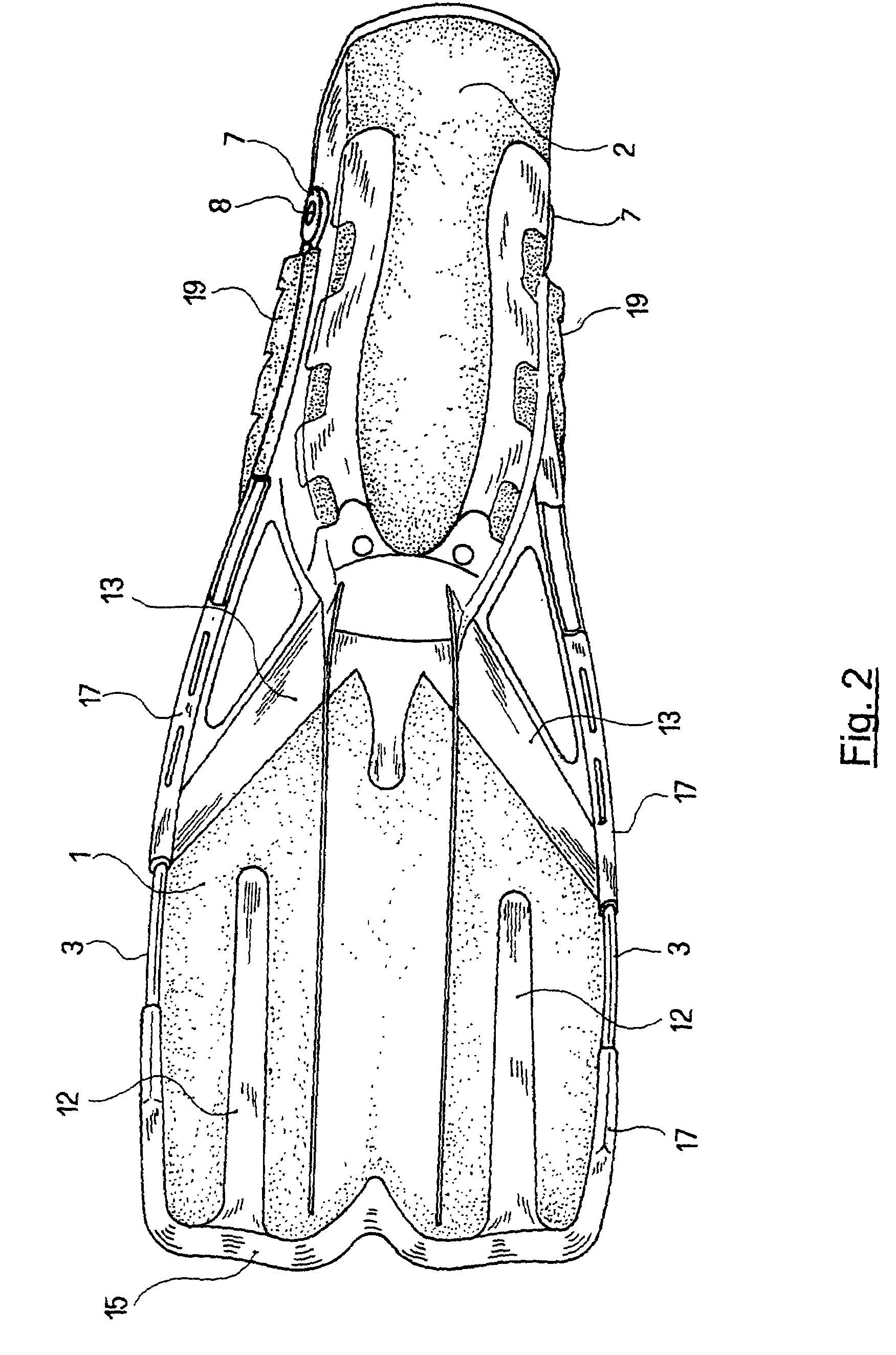 Differentiated rigidity swimming fin with hydrodynamically designed rearward shoe strap connection