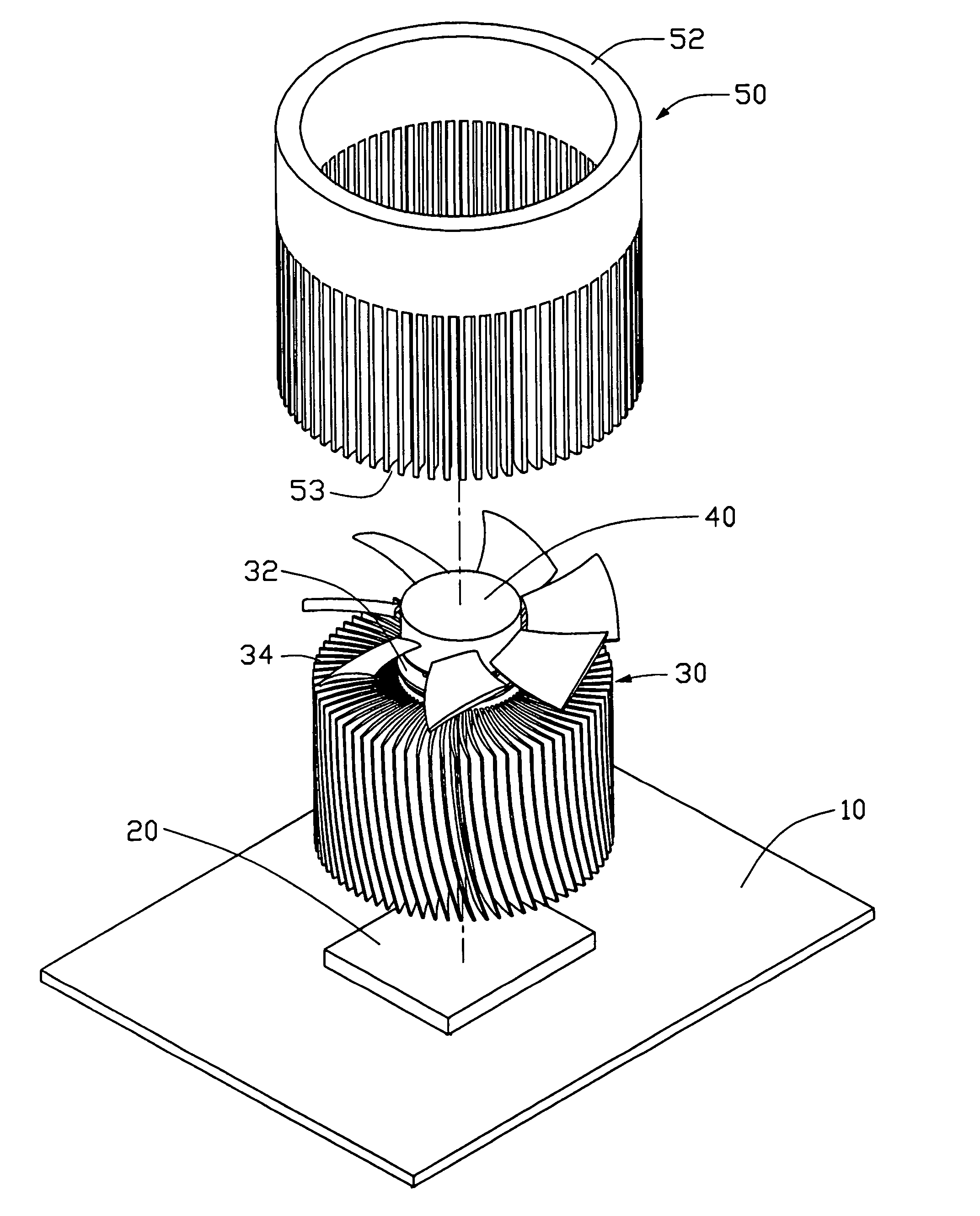 Heat dissipation device assembly with fan cover