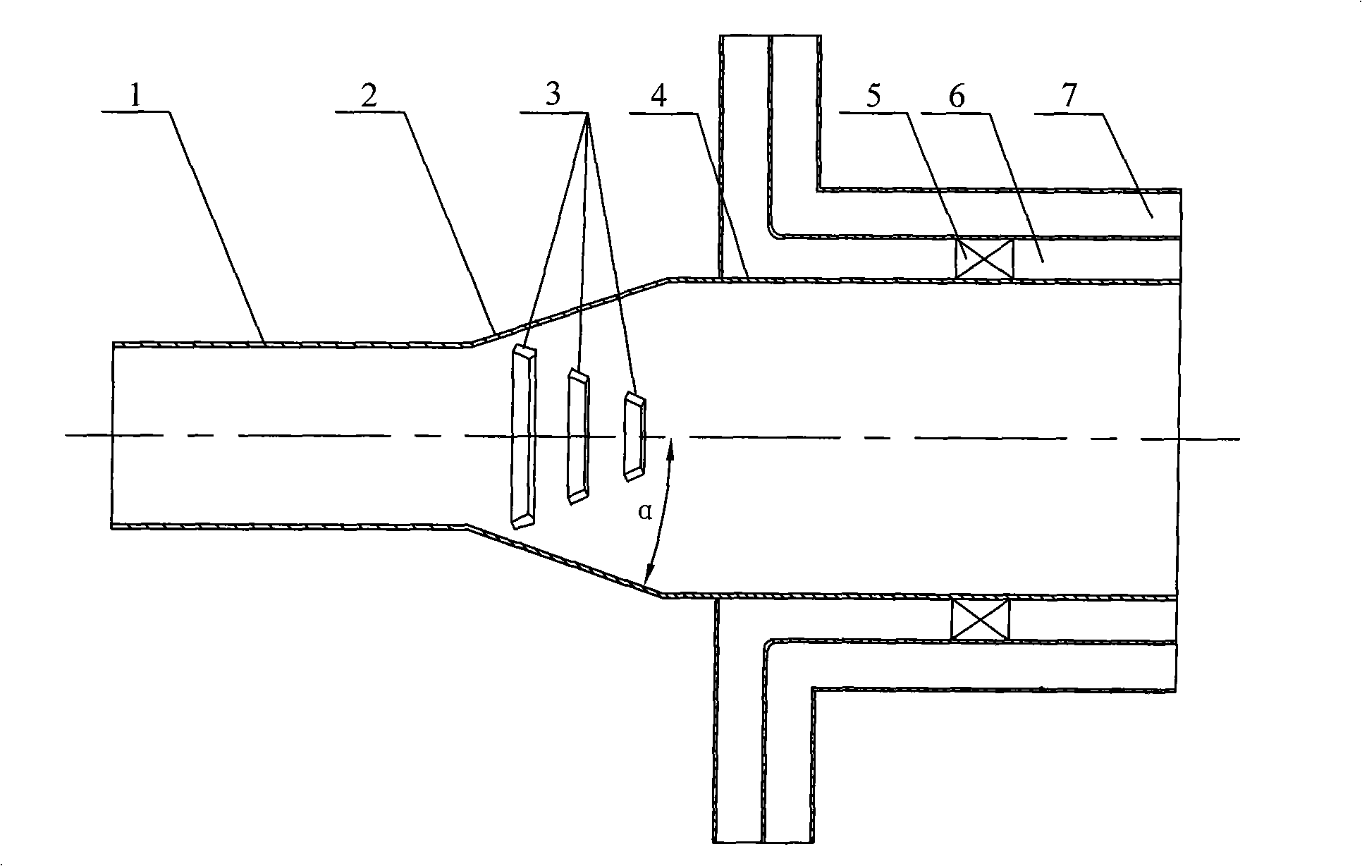 Low-resistance and low-NOx rotational flow coal powder burner with divergent segment