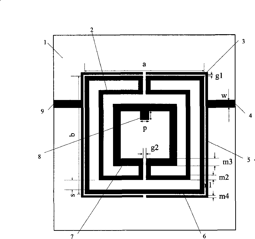 Microstrip dual-mode filter of nesting ring-structured parallel feeder lines