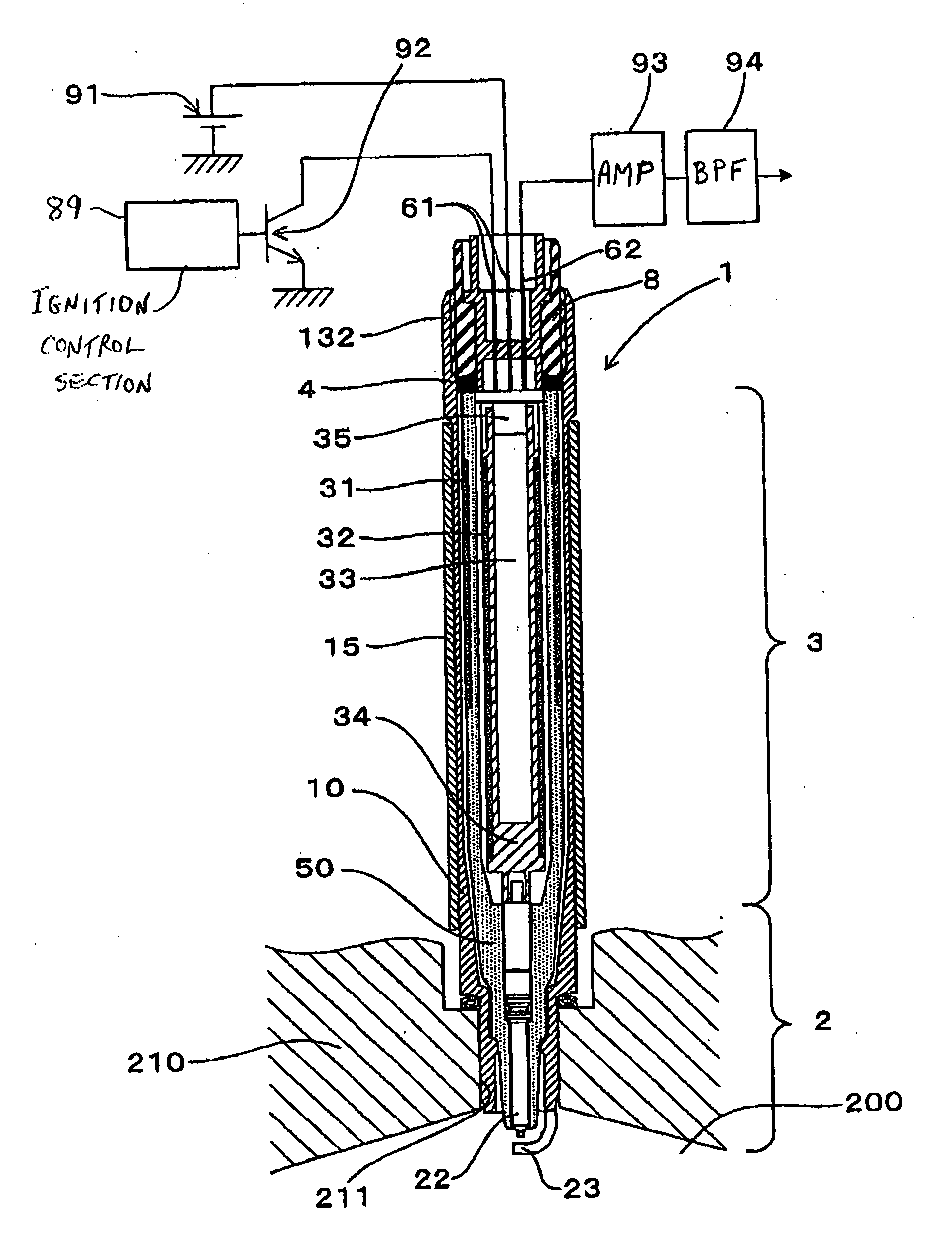 Combustion chamber pressure sensor equipped with damper body for attenuating transmitted engine vibration