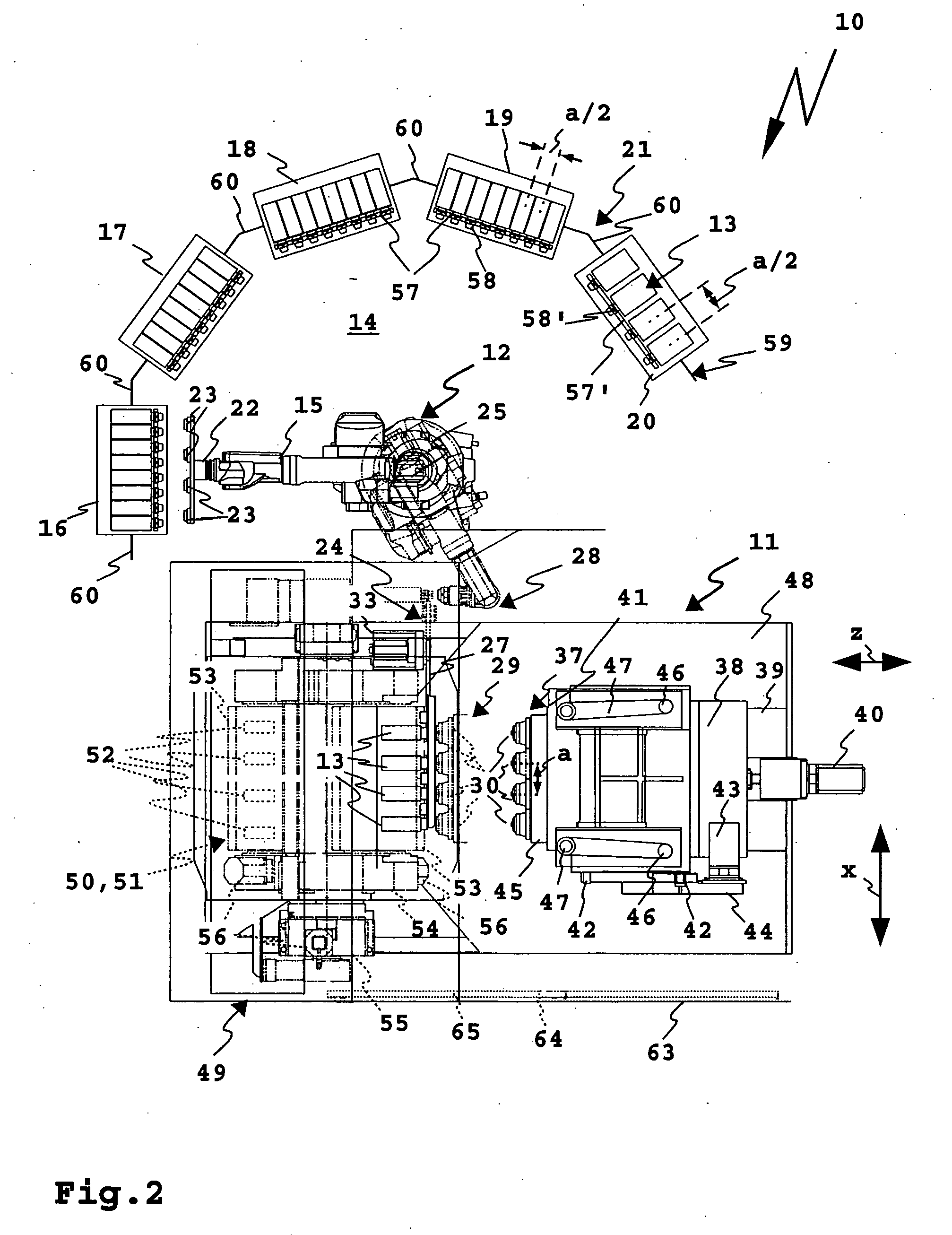 Processing machine arrangement with robot and a tool magazine
