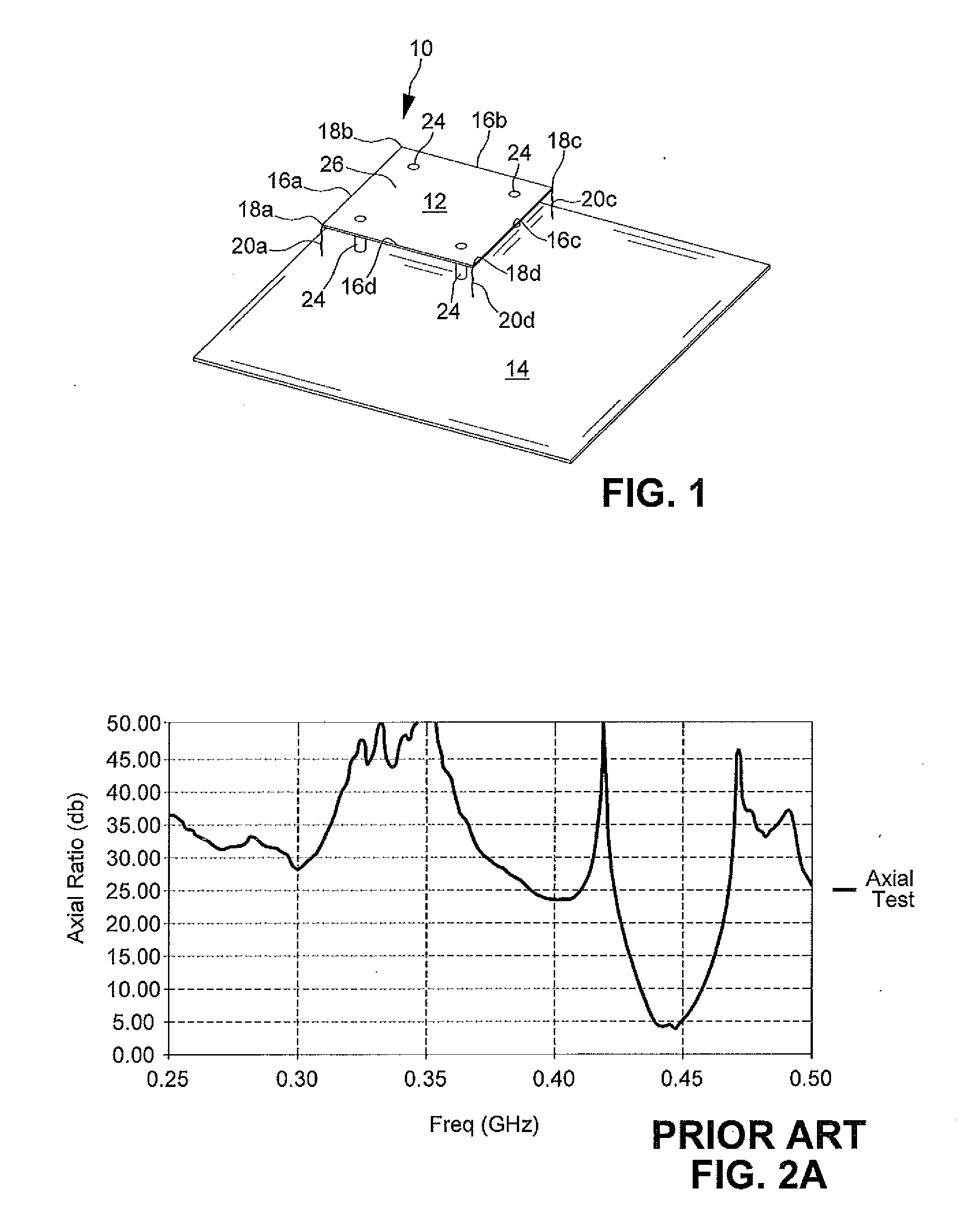 Frequency scalable low profile broadband quad-fed patch element and array